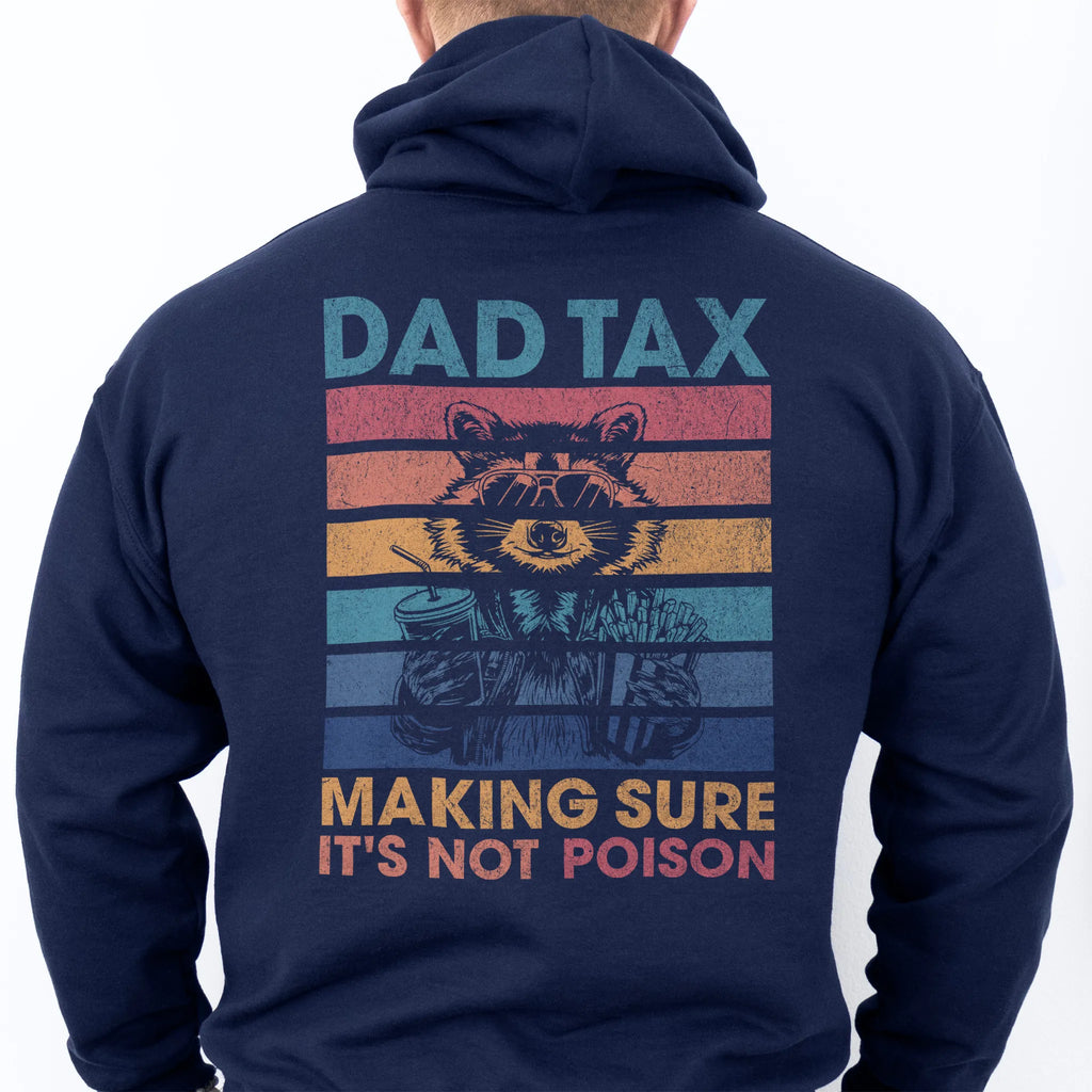 Navy Oakley June Hoodie back view Dad Tax retro stripes raccoon wearing sunglasses holding soda and fries large back print text Making Sure It’s Not Poison distressed graphic