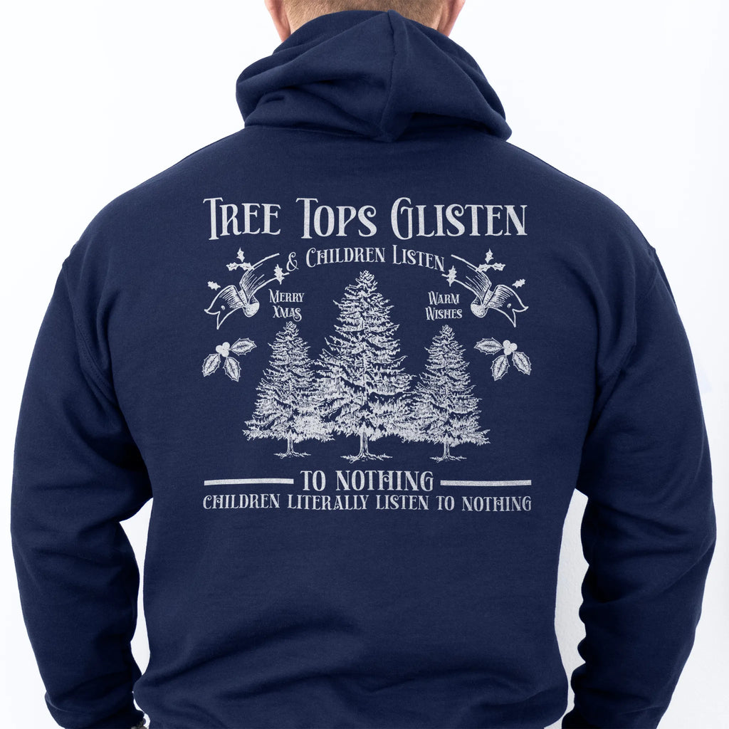 Navy men’s hoodie large back print Tree Tops Glisten and Children Listen to Nothing with evergreen trees
