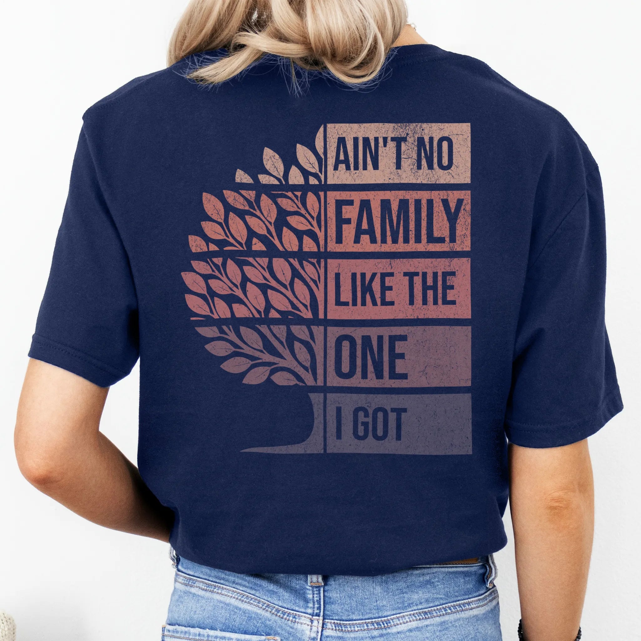 Navy Oakley June T-Shirt – oversized back print Ain’t No Family Like the One I Got with distressed tree design