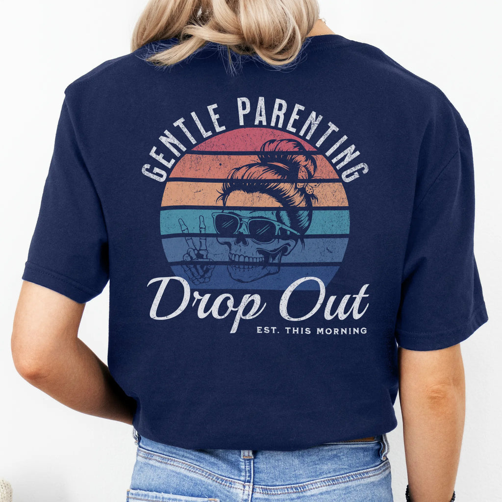 Navy Oakley June T Shirt back view Gentle Parenting Drop Out large round retro badge skull with messy bun wearing sunglasses peace sign script Est This Morning distressed print