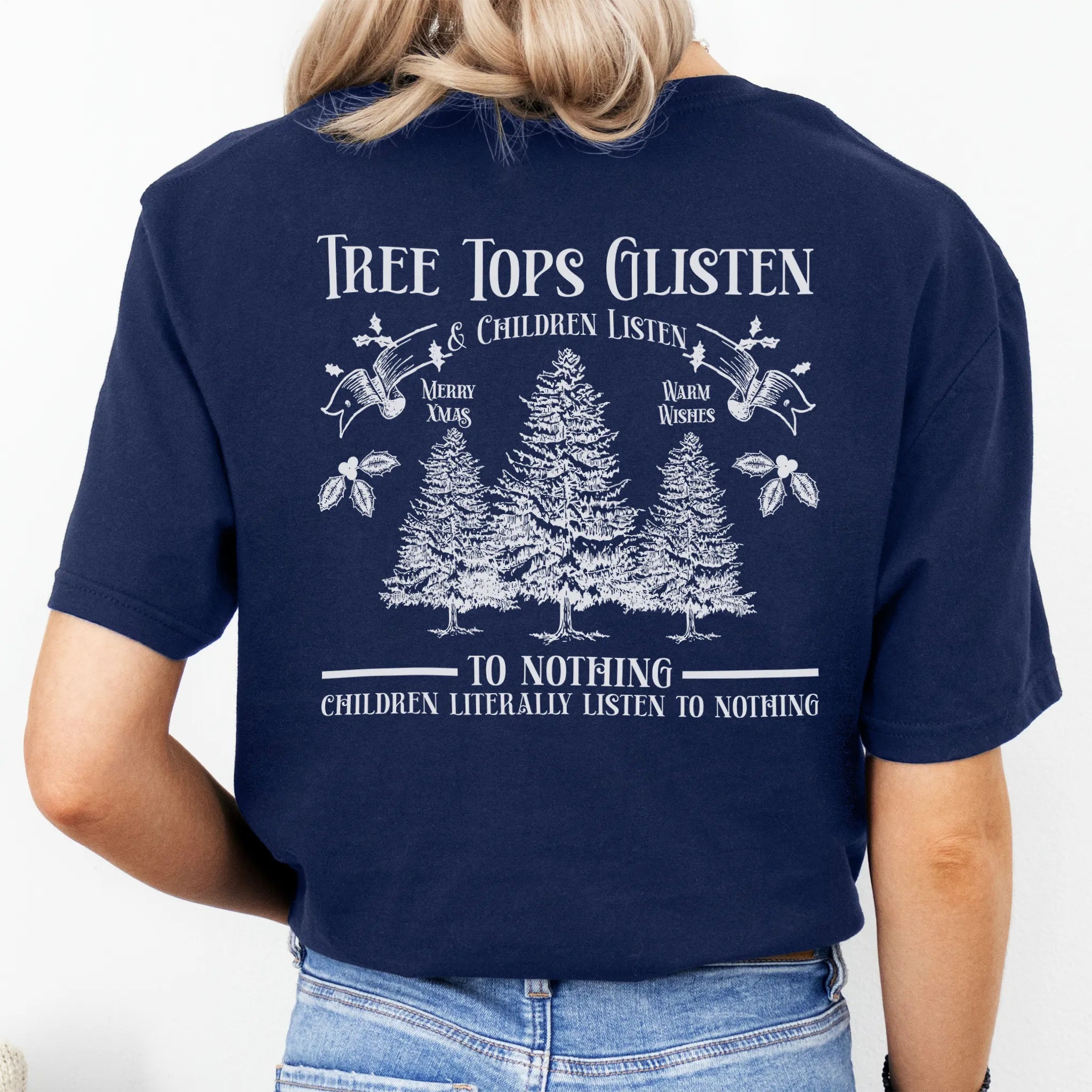 Navy Oakley June tee large back print Tree Tops Glisten and Children Listen to Nothing with three evergreen trees, doves, and holly