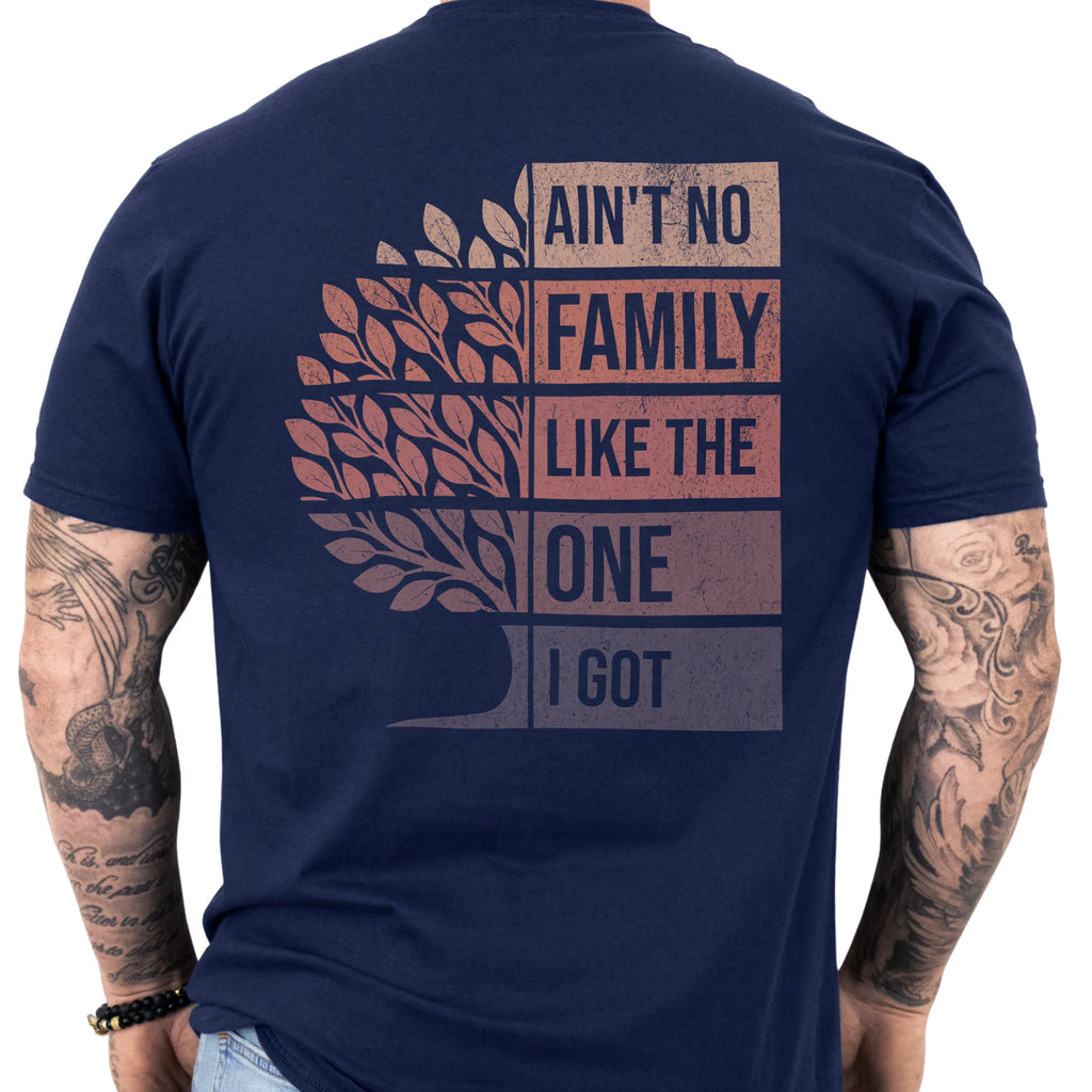 Navy Oakley June T-Shirt – Family Roots Run Deep left chest badge, front view