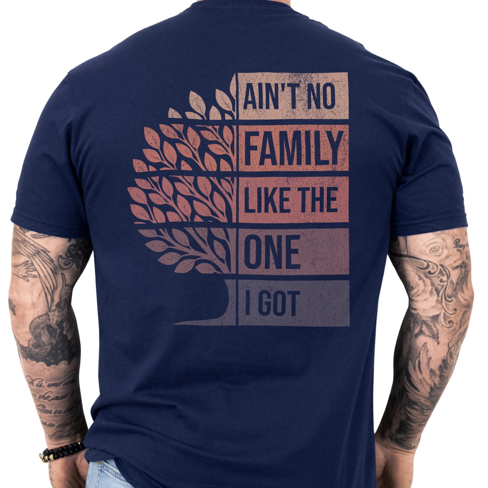 Navy Oakley June T-Shirt – Family Roots Run Deep left chest badge, front view