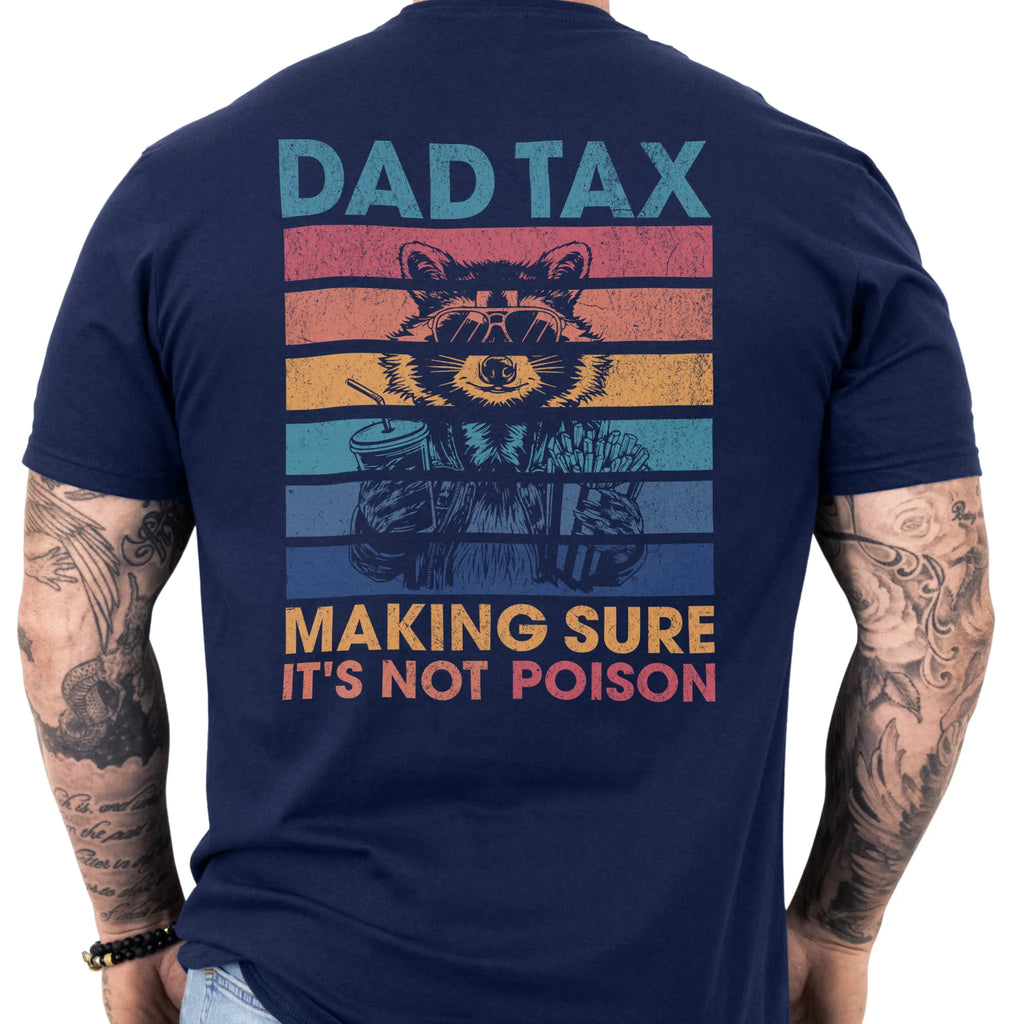 Navy Oakley June T-Shirt – Dad Tax retro stripes graphic on back with raccoon holding snacks and “Making Sure It’s Not Poison” text