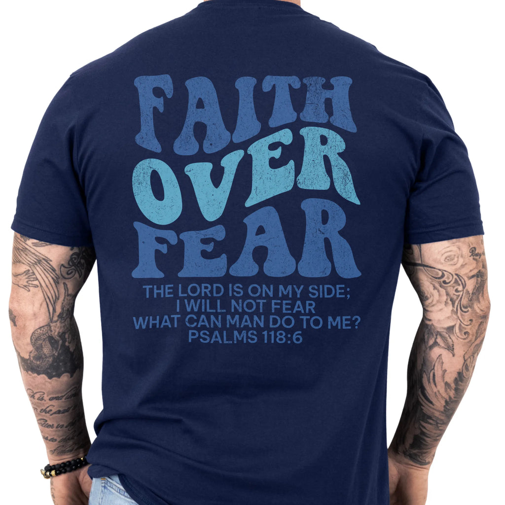 Navy Oakley June t shirt, mens fit, large back lettering reads Faith Over Fear with supporting scripture lines, studio back view
