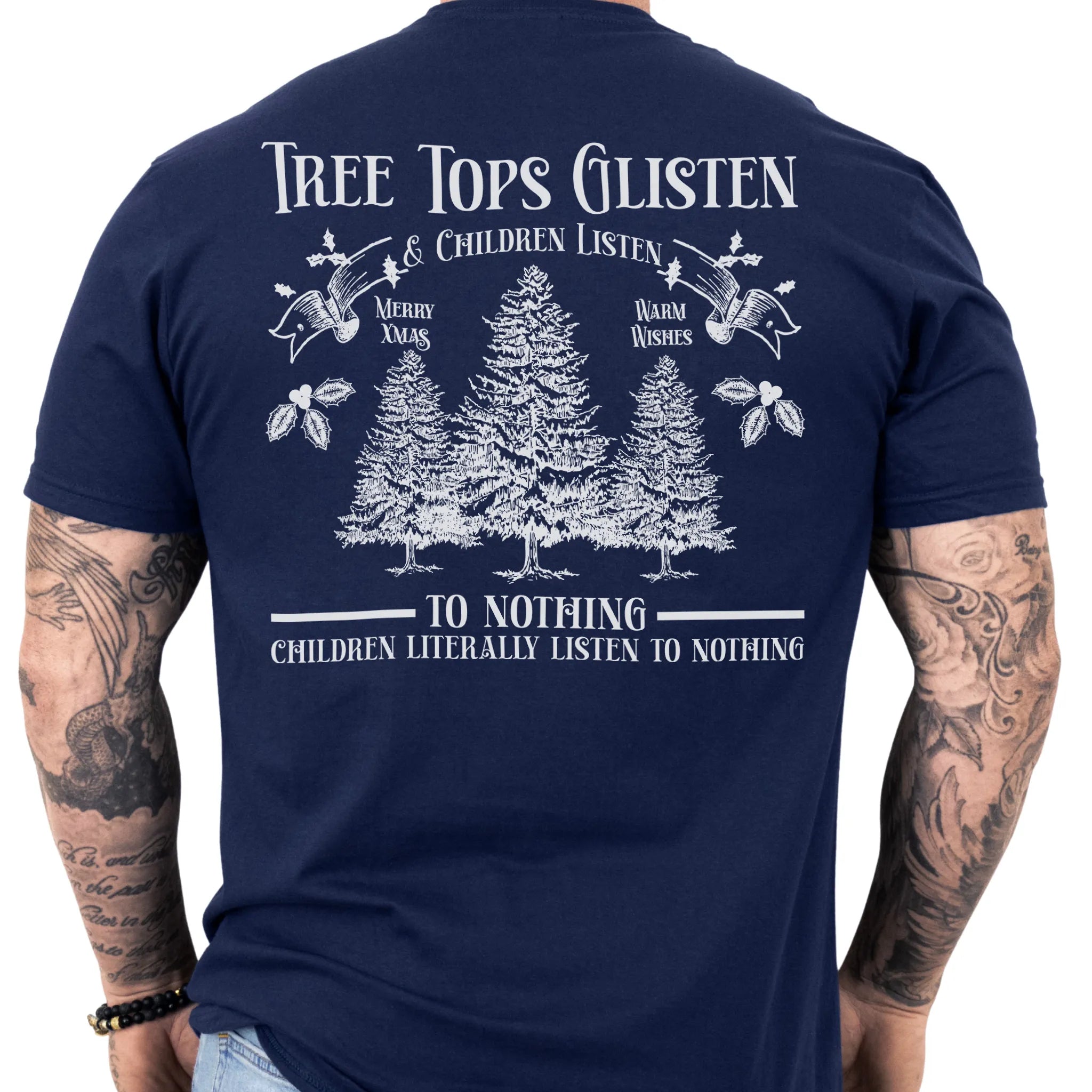 Navy Oakley June tee large back print Tree Tops Glisten and Children Listen to Nothing with three evergreen trees, doves, and holly