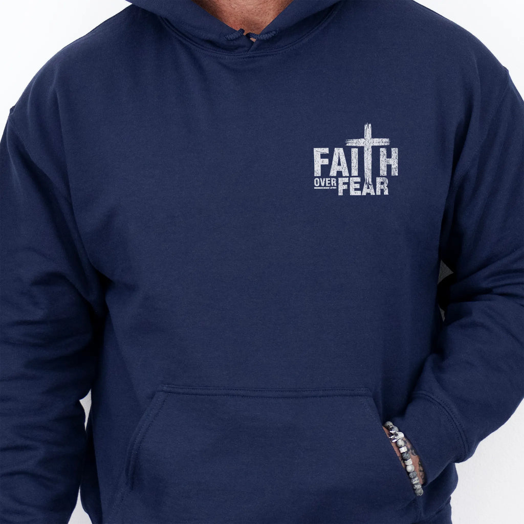 Navy Oakley June hoodie, mens fit, left chest badge reads Faith Over Fear with cross, kangaroo pocket, studio front view