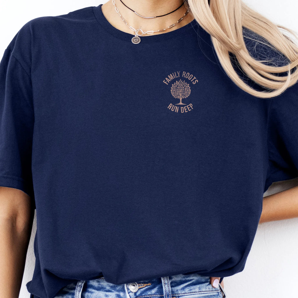 Navy Oakley June T-Shirt – left chest tree badge with text Family Roots Run Deep, soft unisex tee