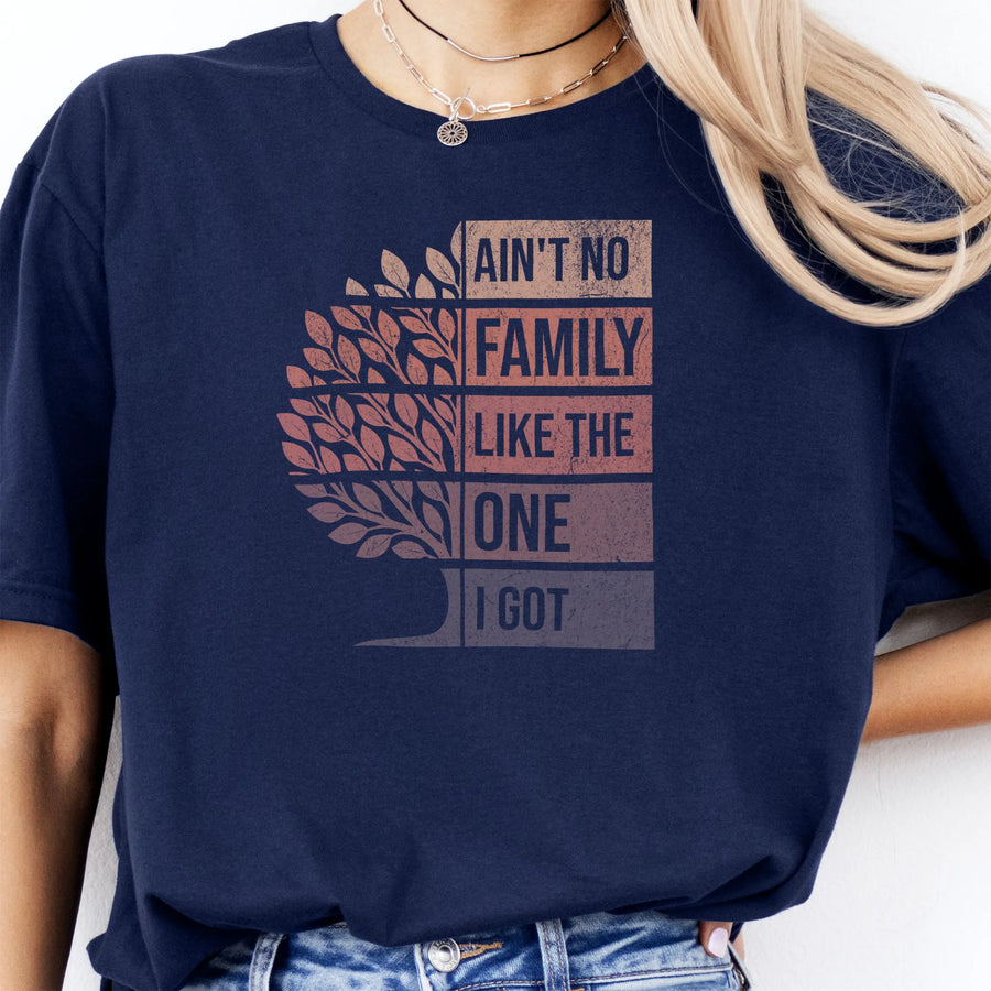 Navy Oakley June T-Shirt – large front print Ain’t No Family Like the One I Got with distressed tree graphic, soft unisex tee