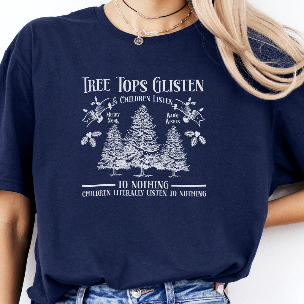 Navy women’s tee front print Tree Tops Glisten and Children Listen to Nothing with vintage evergreens