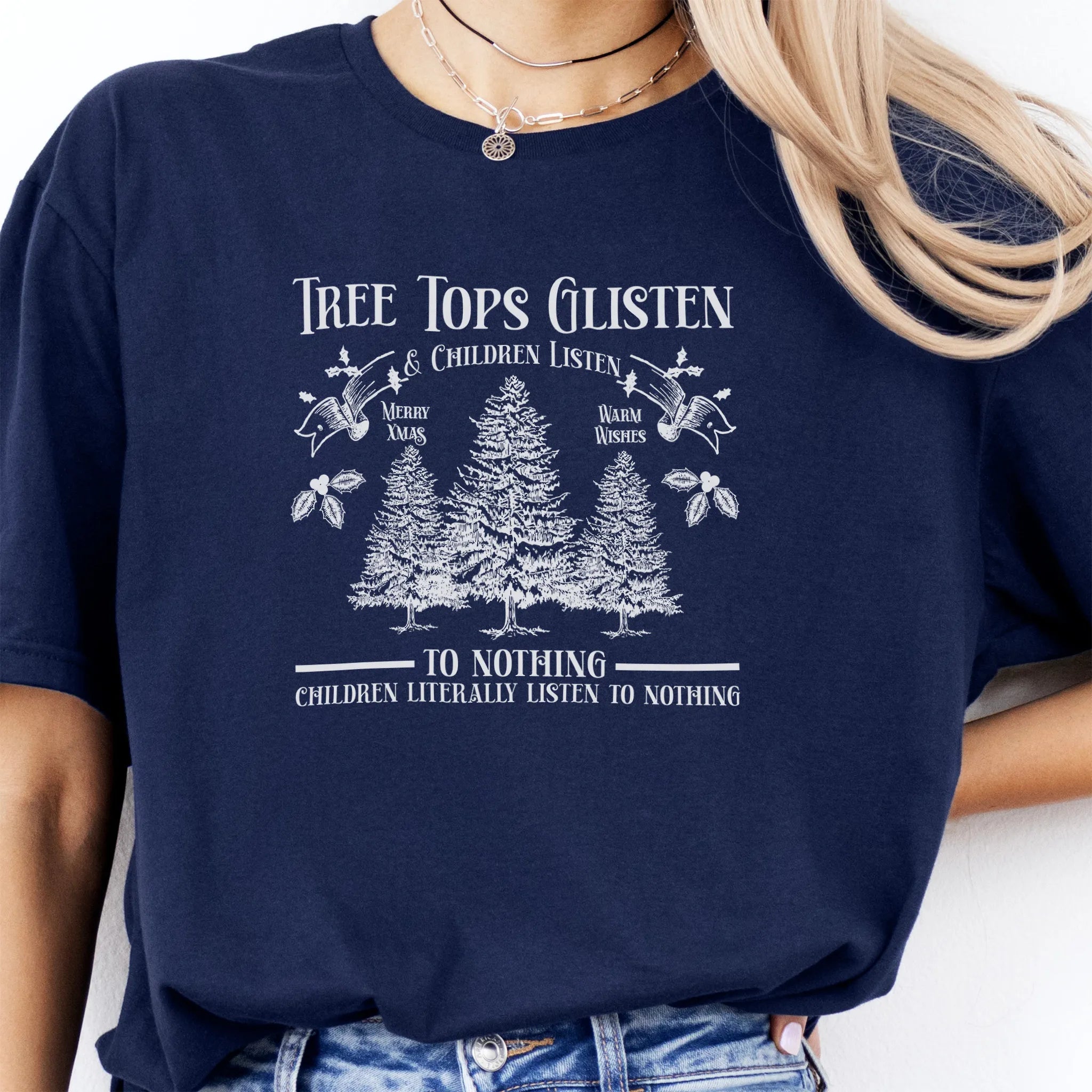 Navy women’s tee front print Tree Tops Glisten and Children Listen to Nothing with vintage evergreens