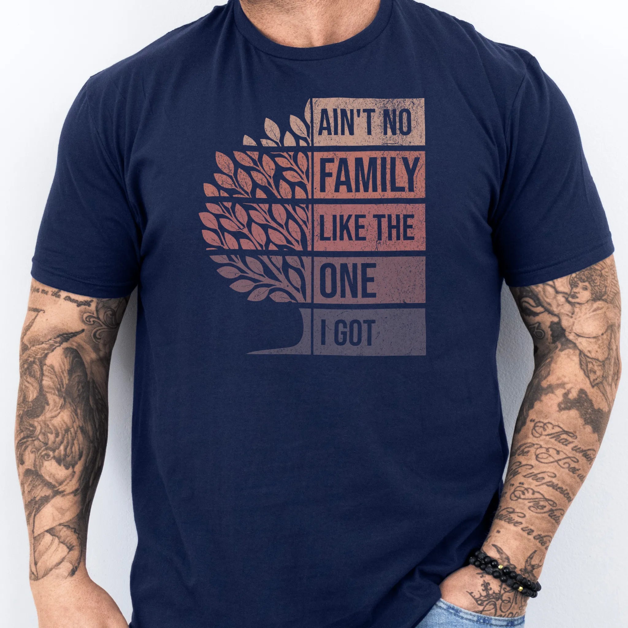 Navy Oakley June t shirt, Ain’t No Family Like the One I Got retro tree graphic, front view