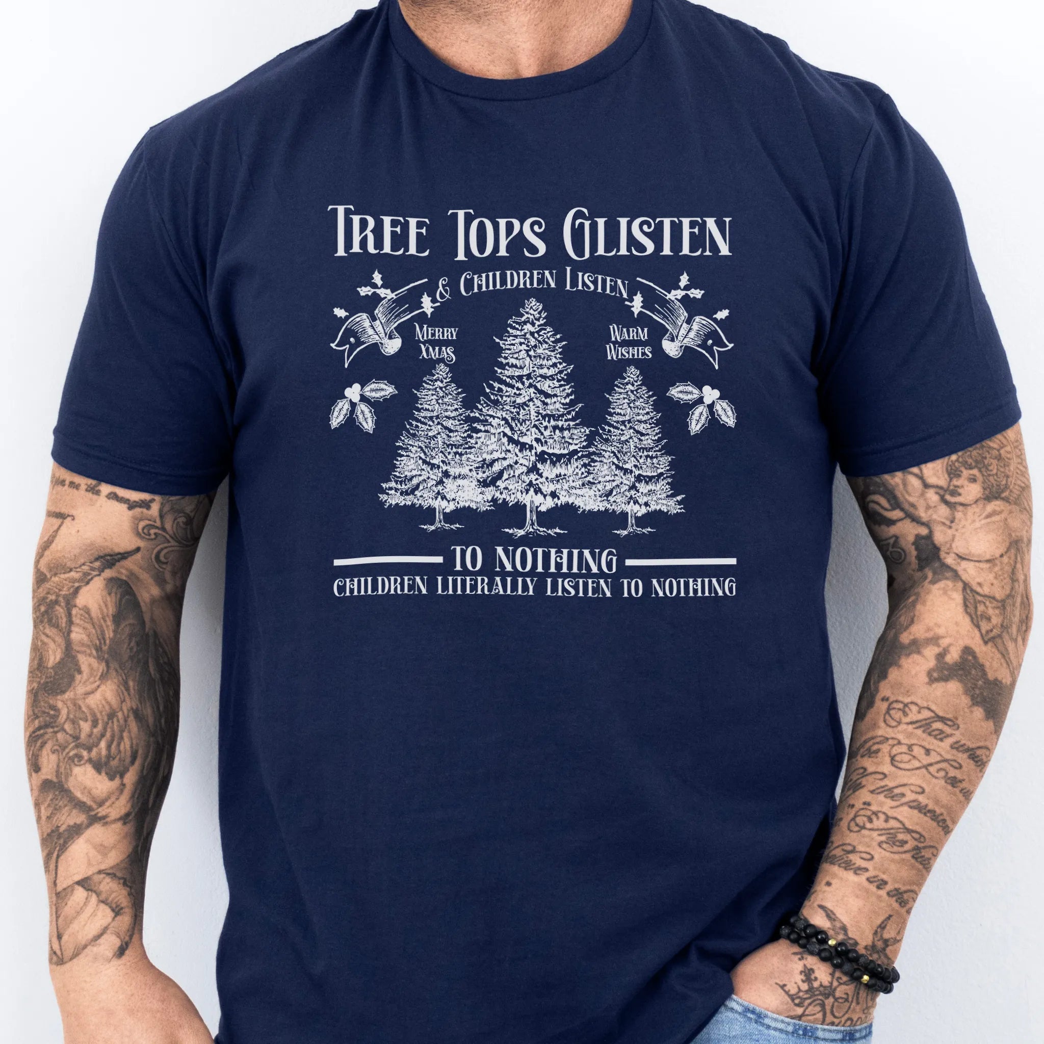 Navy men’s tee front print Tree Tops Glisten and Children Listen to Nothing with vintage evergreens