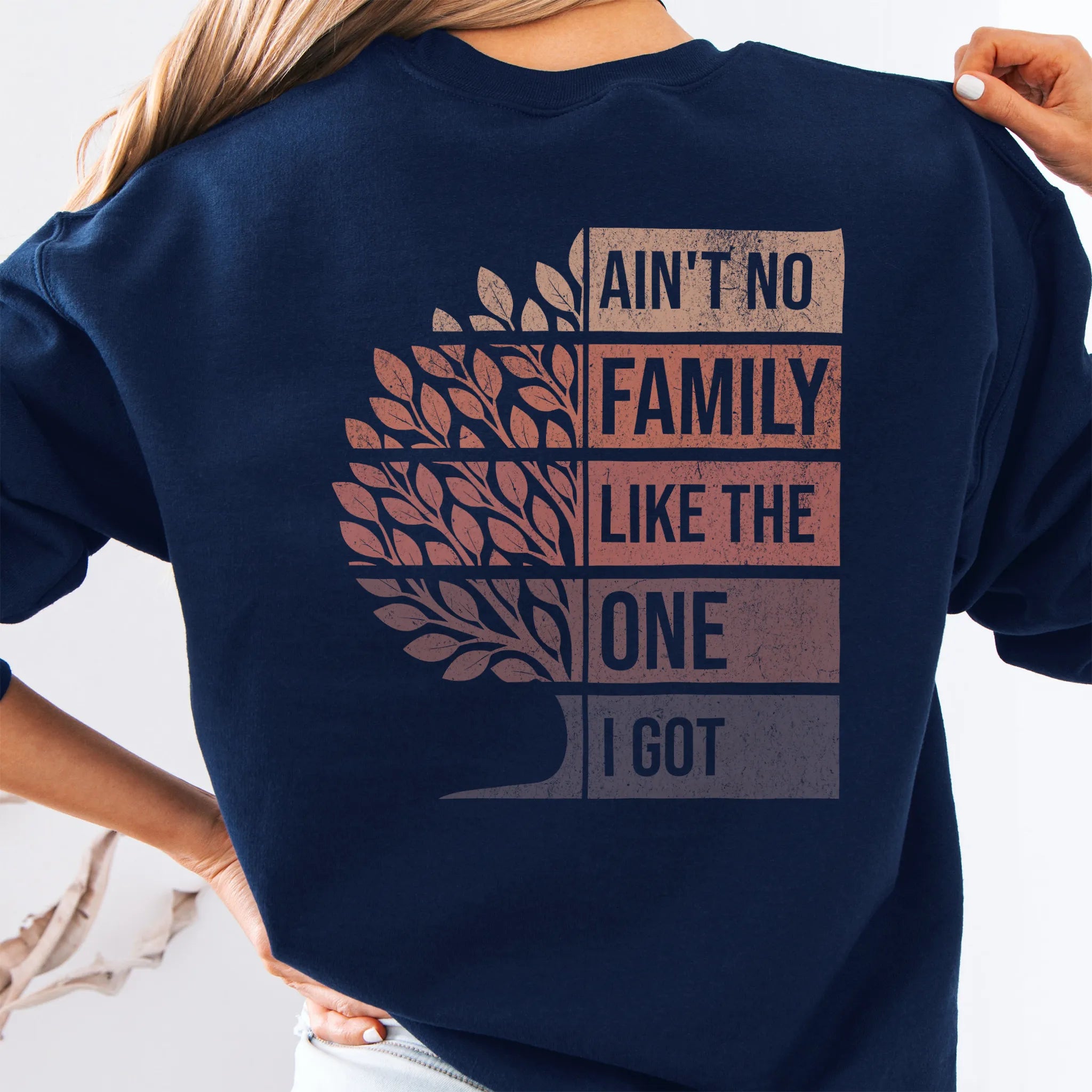 Navy Oakley June sweatshirt oversized back print Ain’t No Family Like the One I Got with tree graphic