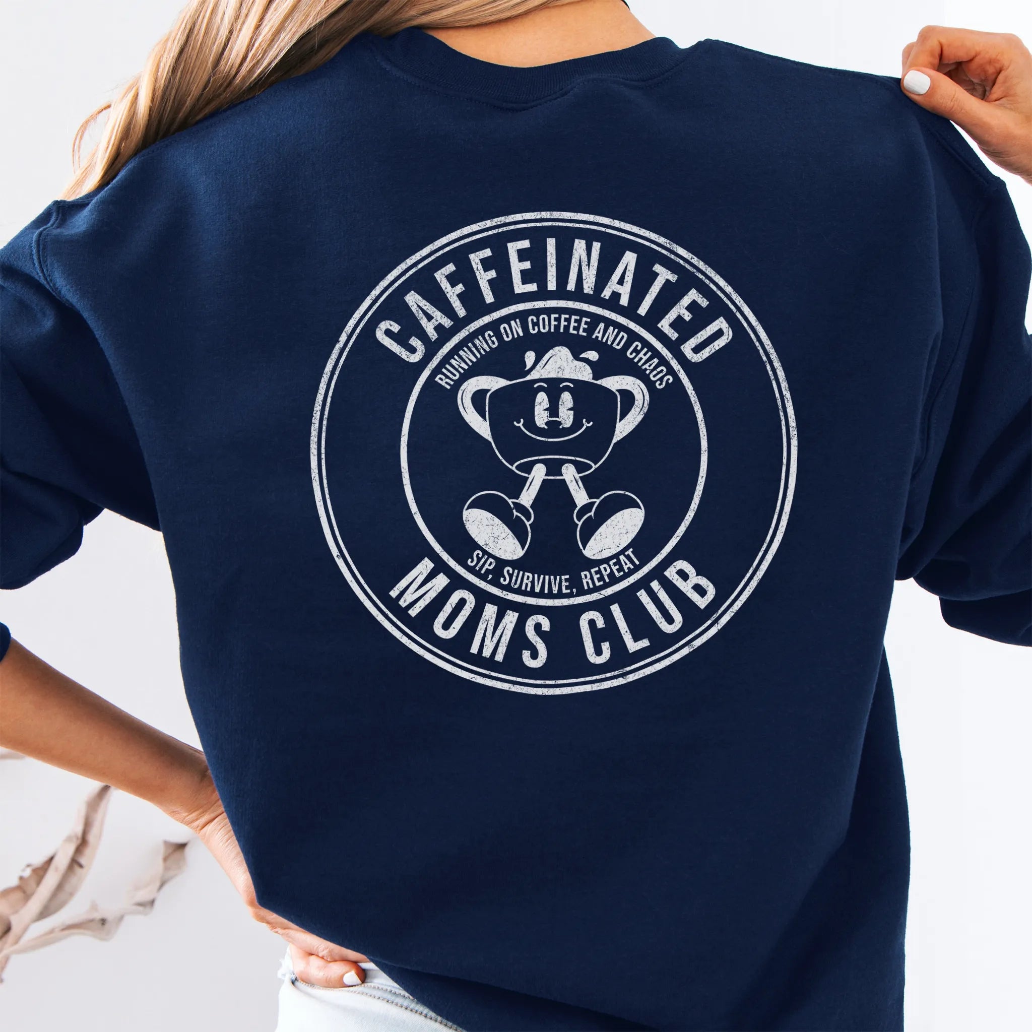 Navy Oakley June Sweatshirt front view small left chest coffee cup mascot Caffeinated Moms Club minimal distressed