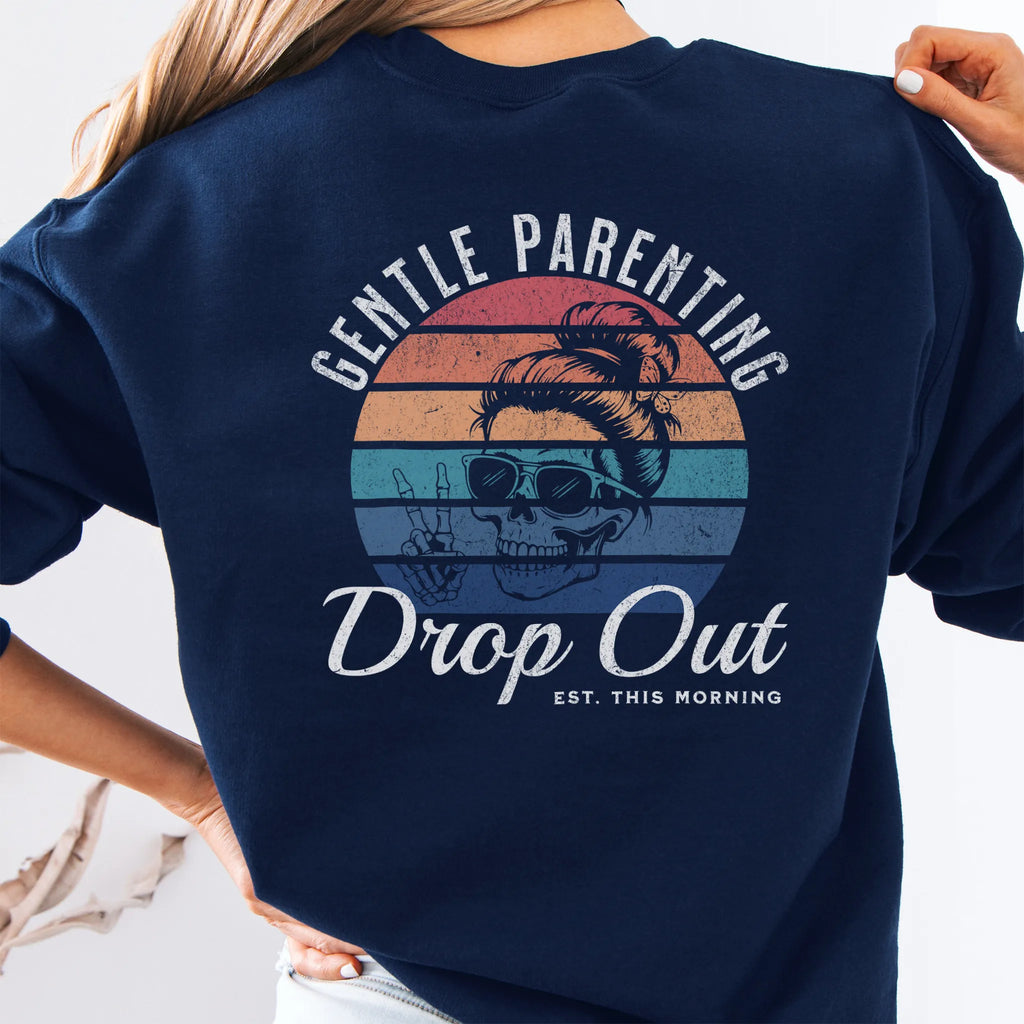 Navy Oakley June Sweatshirt back view Gentle Parenting Drop Out large round retro stripe badge skull with messy bun peace sign script Est This Morning distressed print