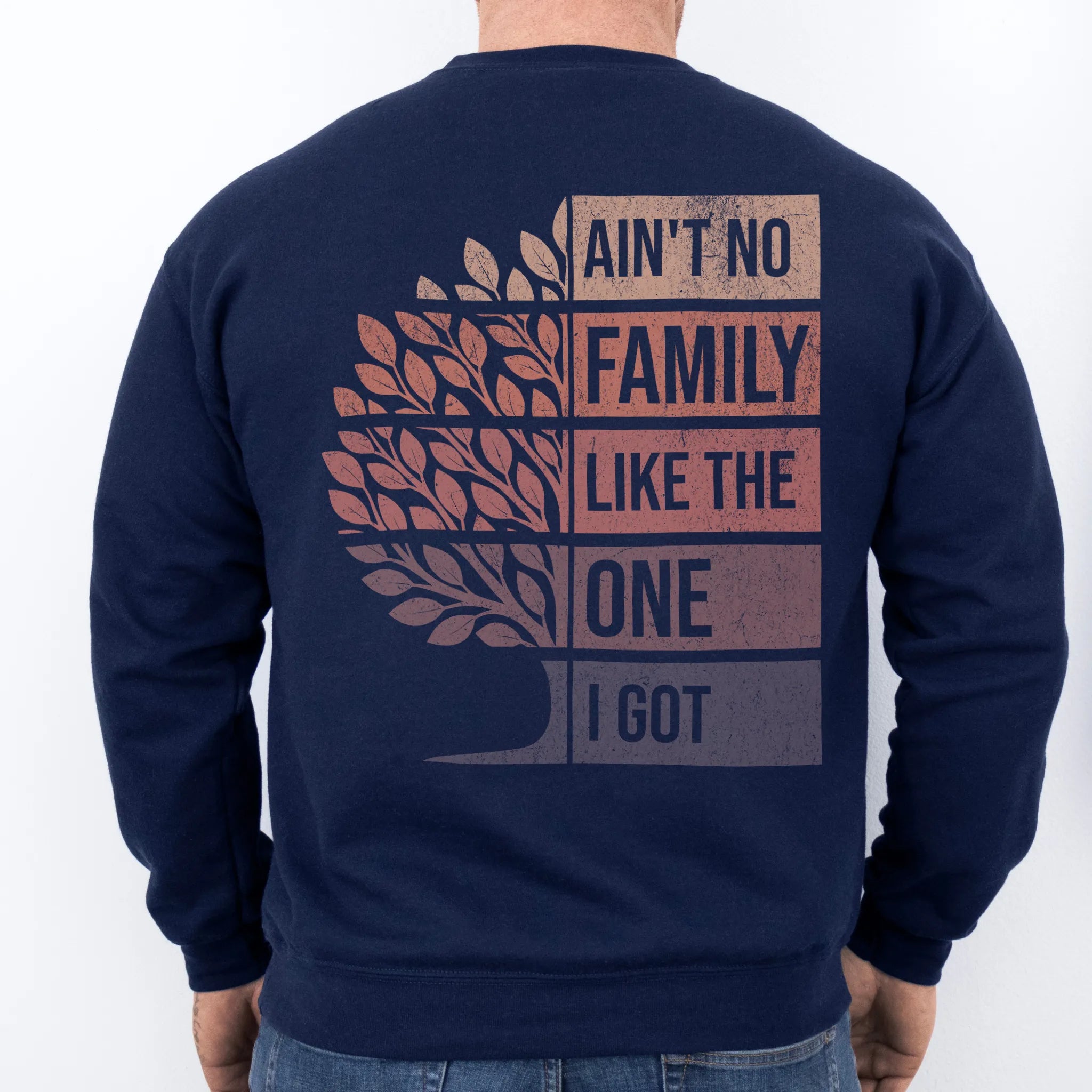 Navy Oakley June Sweatshirt – oversized back print Ain’t No Family Like the One I Got with distressed retro gradient tree design