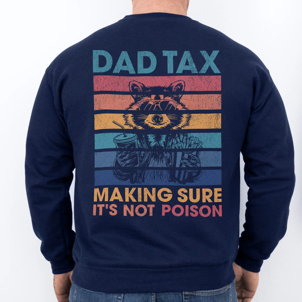 Navy Oakley June Sweatshirt back view Dad Tax retro stripes raccoon wearing sunglasses holding soda and fries text Making Sure It’s Not Poison distressed print