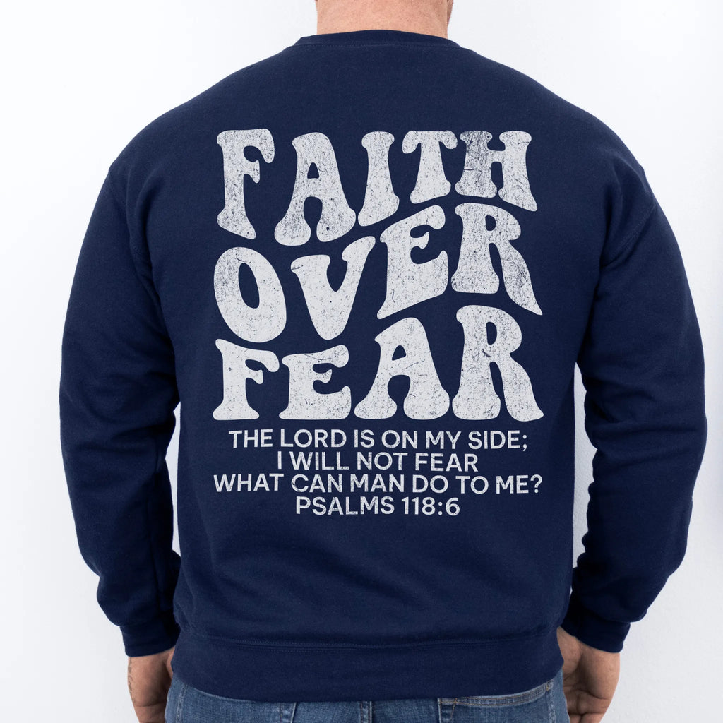 Navy Oakley June sweatshirt, mens fit, large back lettering reads Faith Over Fear with supporting scripture lines, studio back view