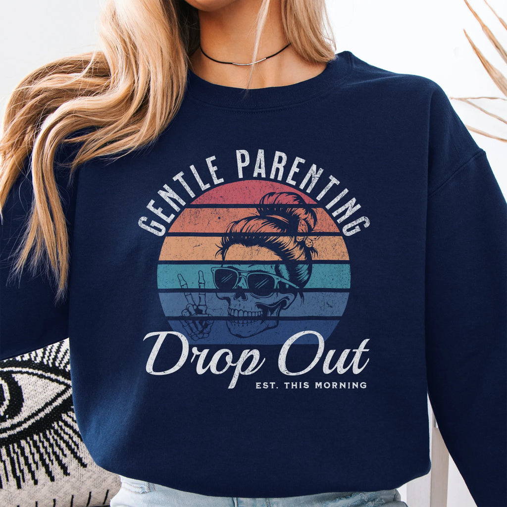 Navy Oakley June Sweatshirt front view Gentle Parenting Drop Out large chest graphic skull with messy bun peace sign round retro stripe badge text Est This Morning distressed print