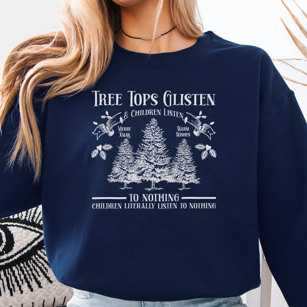 Navy women’s sweatshirt front print Tree Tops Glisten and Children Listen to Nothing with vintage evergreens