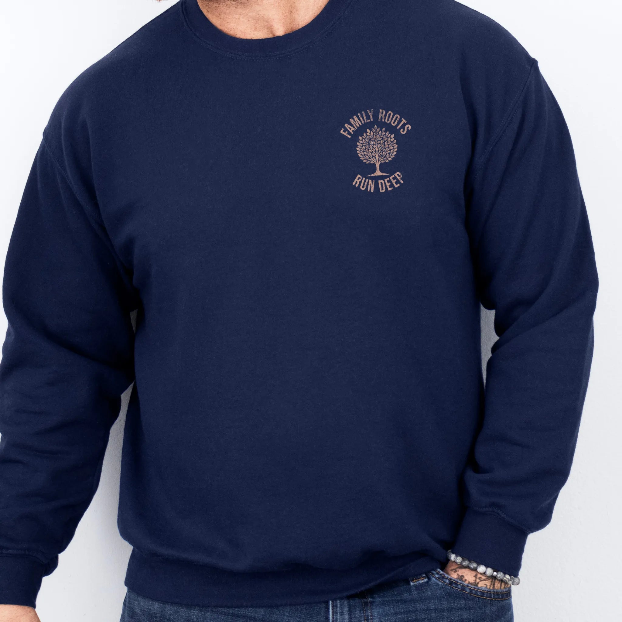 Navy Oakley June Sweatshirt – left chest tree badge with text Family Roots Run Deep, cozy unisex crewneck