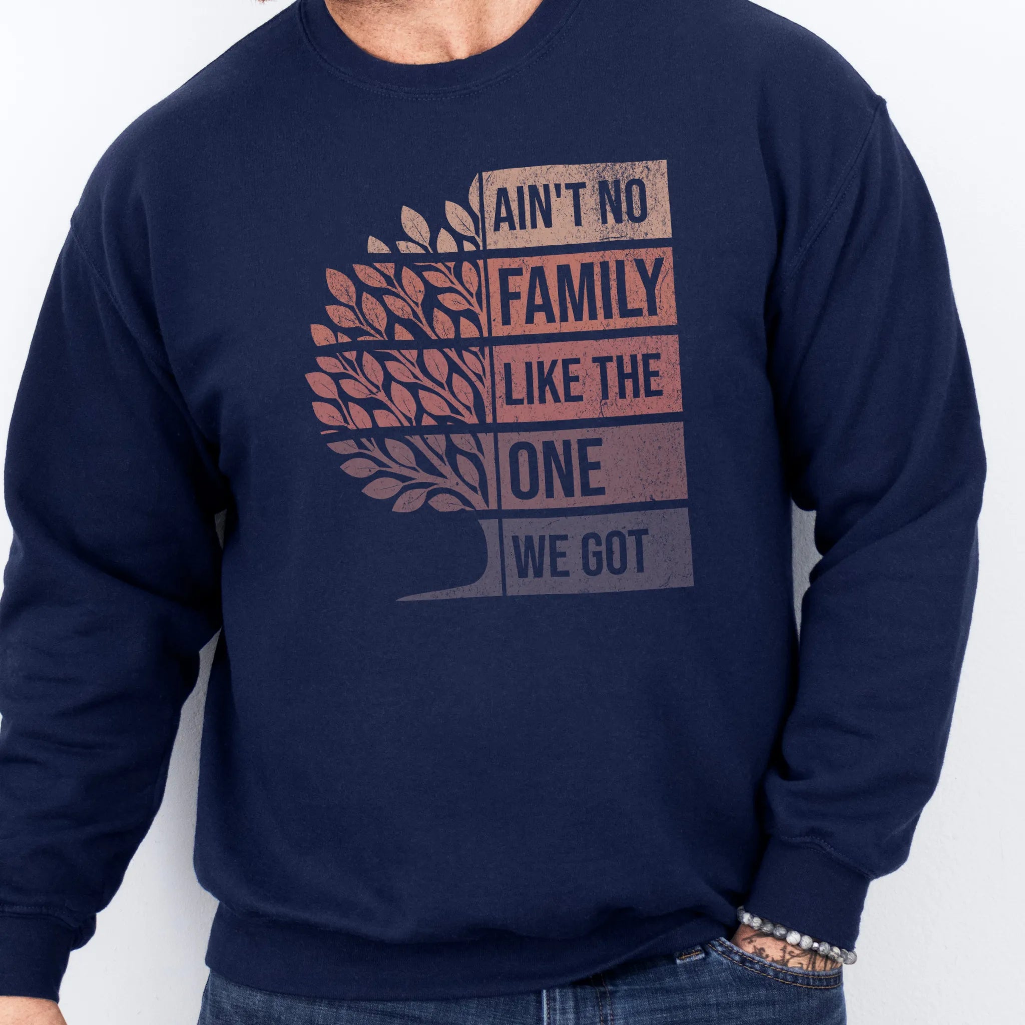 Navy Oakley June sweatshirt bold front print Ain’t No Family Like the One We Got with tree graphic