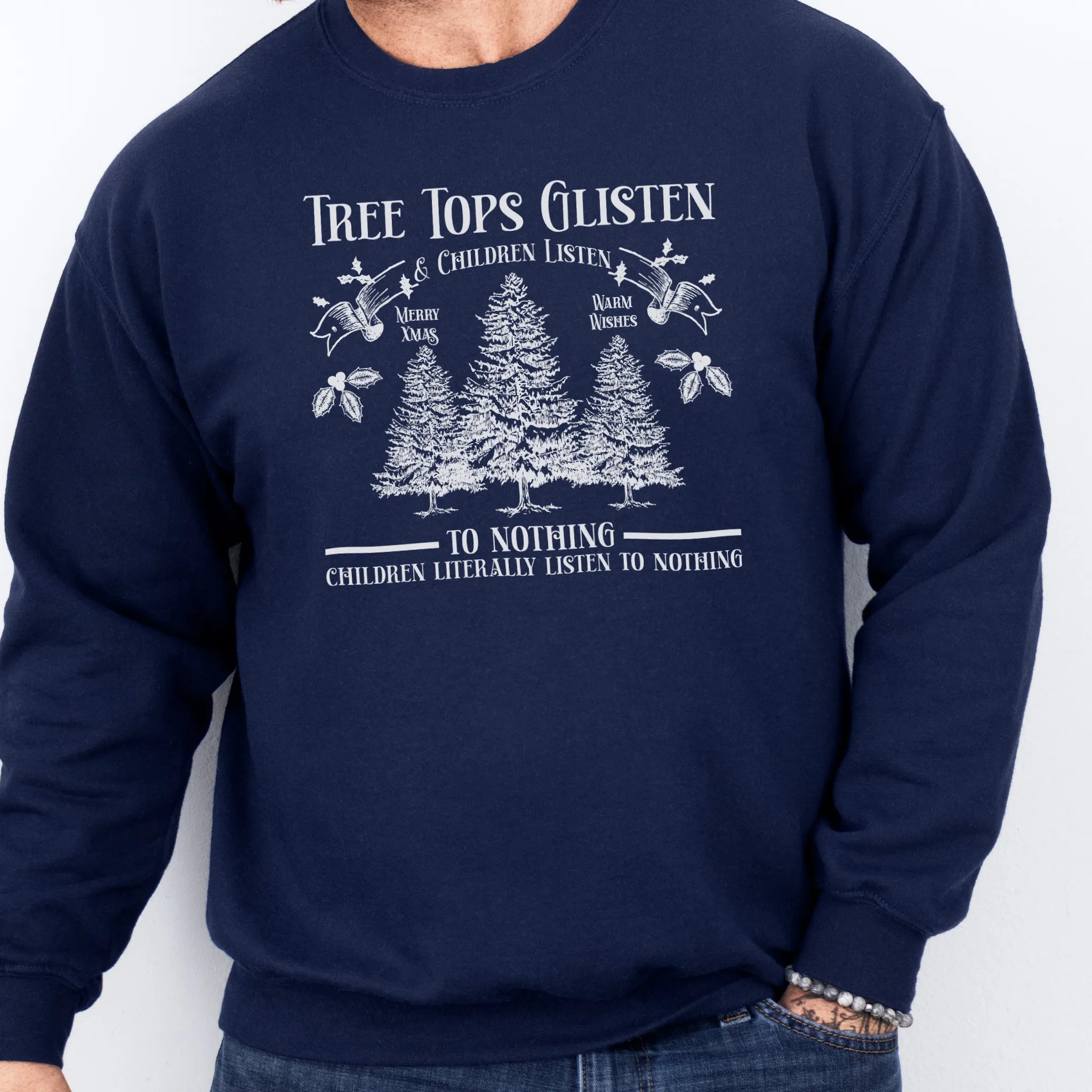 Navy men’s sweatshirt front print Tree Tops Glisten and Children Listen to Nothing with vintage evergreens