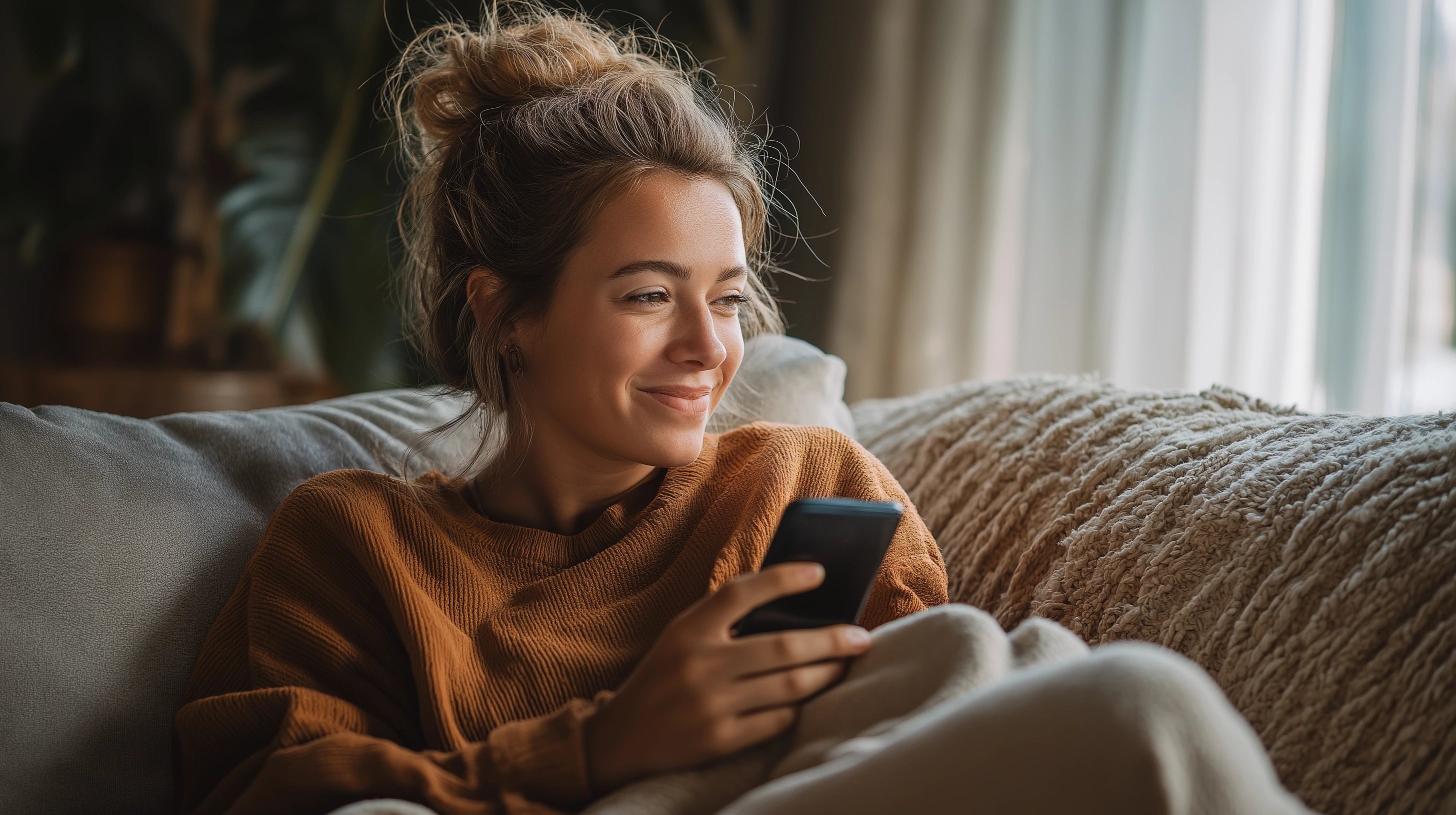 Warm neutral Oakley June lifestyle image — woman sitting on a soft sofa in a burnt orange sweater, smiling while using her phone, cozy morning light and relaxed home atmosphere.