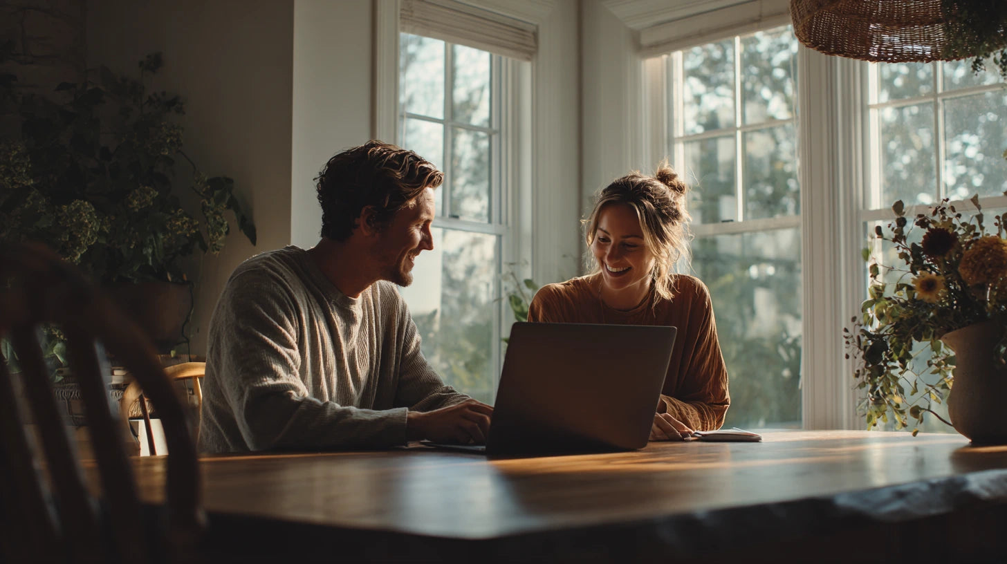 Warm neutral Oakley June Afterpay hero lifestyle image — couple sitting at a wooden kitchen table smiling at a laptop, soft morning light through windows, cozy family home scene.