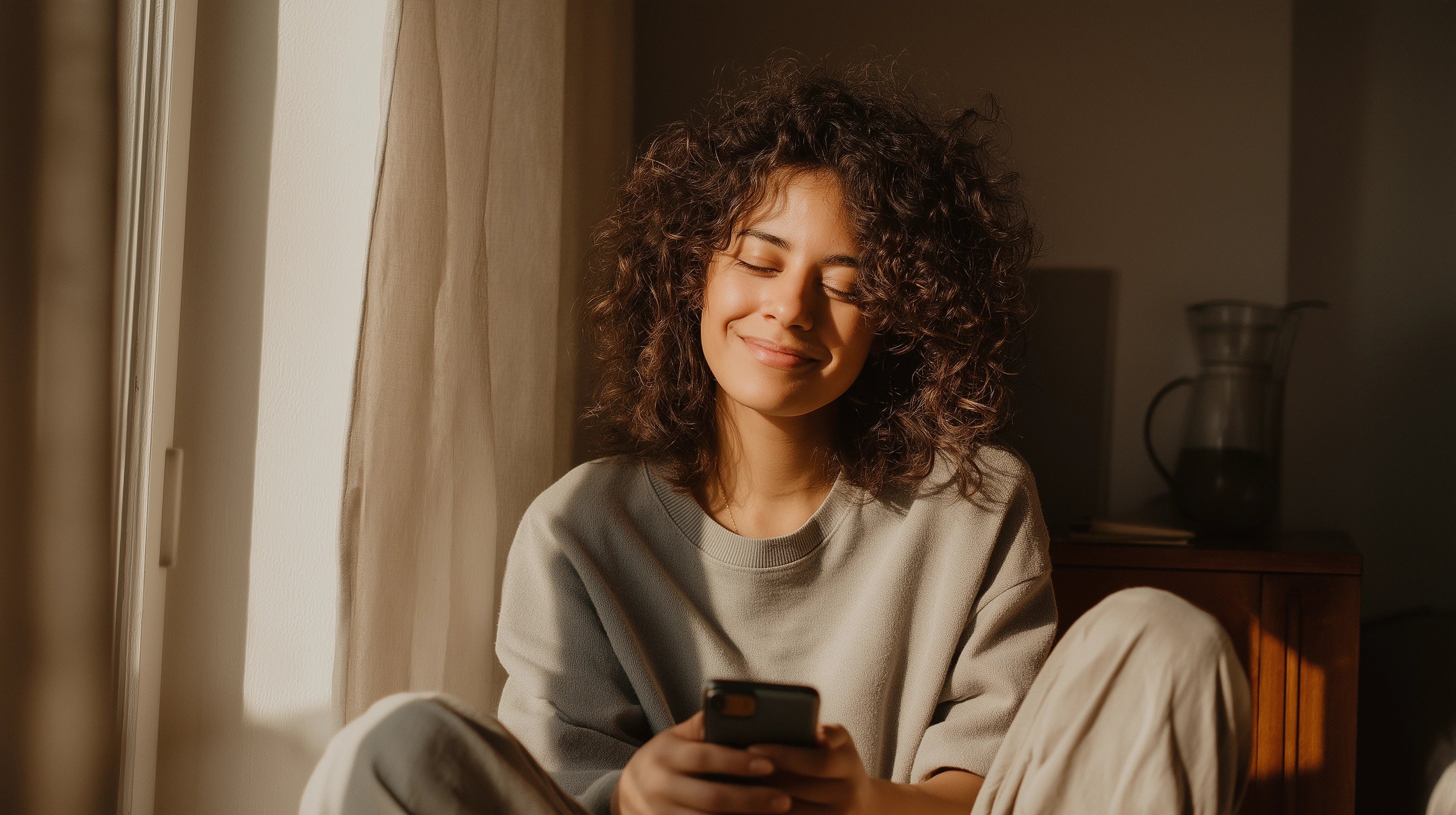Warm neutral Oakley June lifestyle image — woman sitting near a sunlit window, relaxed and smiling while using her phone, cozy sweatshirt and soft natural light.