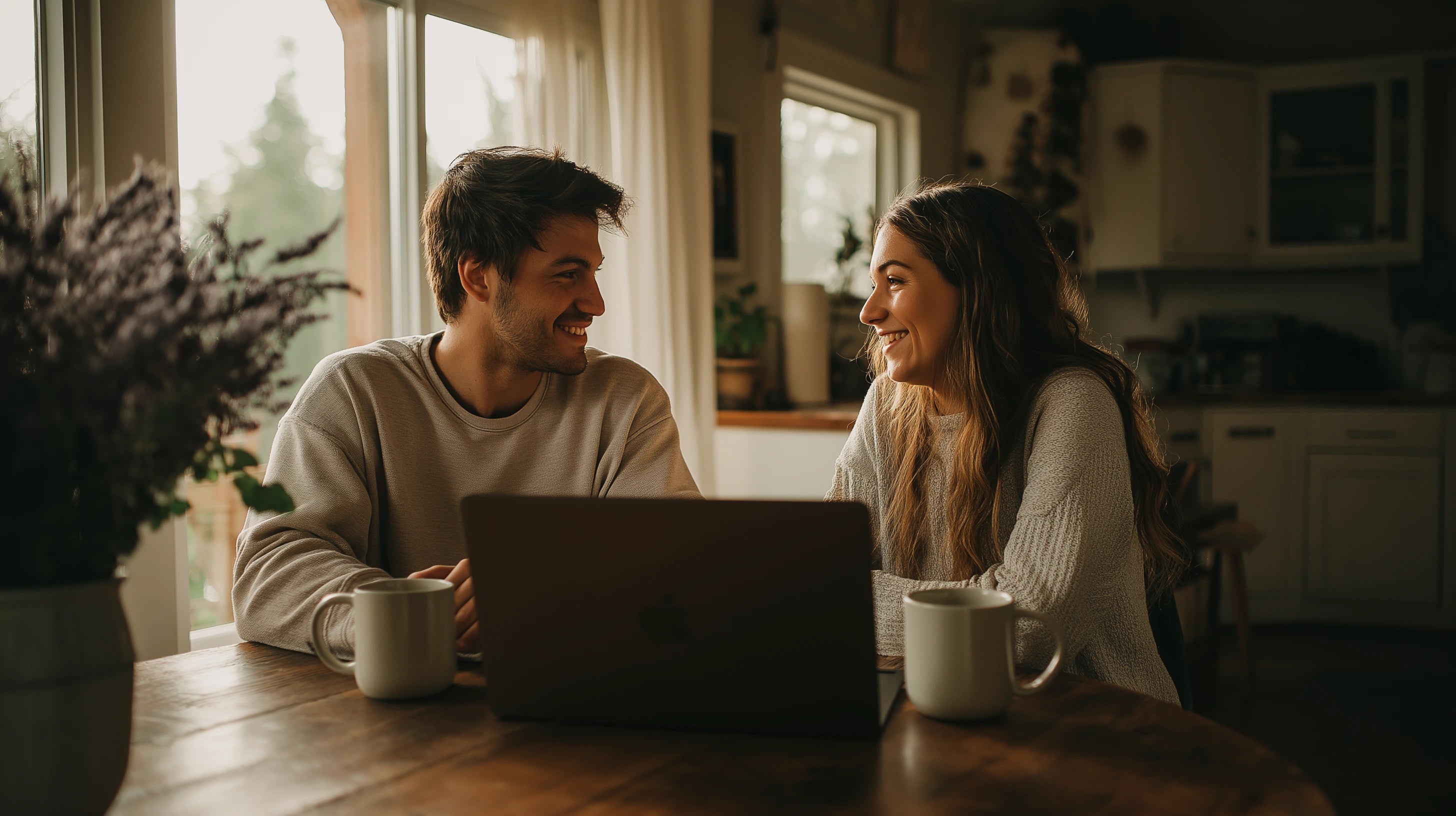Warm Oakley June lifestyle photo — young couple sitting together at a wooden table with mugs and a laptop, smiling in soft morning light, cozy home atmosphere.