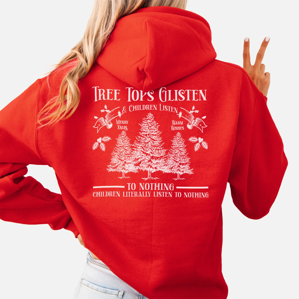 Red women’s hoodie large back print Tree Tops Glisten and Children Listen to Nothing with evergreen trees