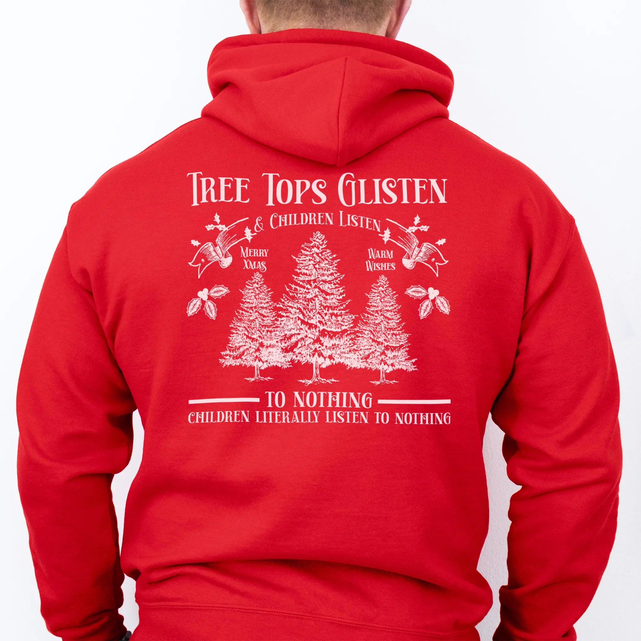 Red men’s hoodie large back print Tree Tops Glisten and Children Listen to Nothing with evergreen trees
