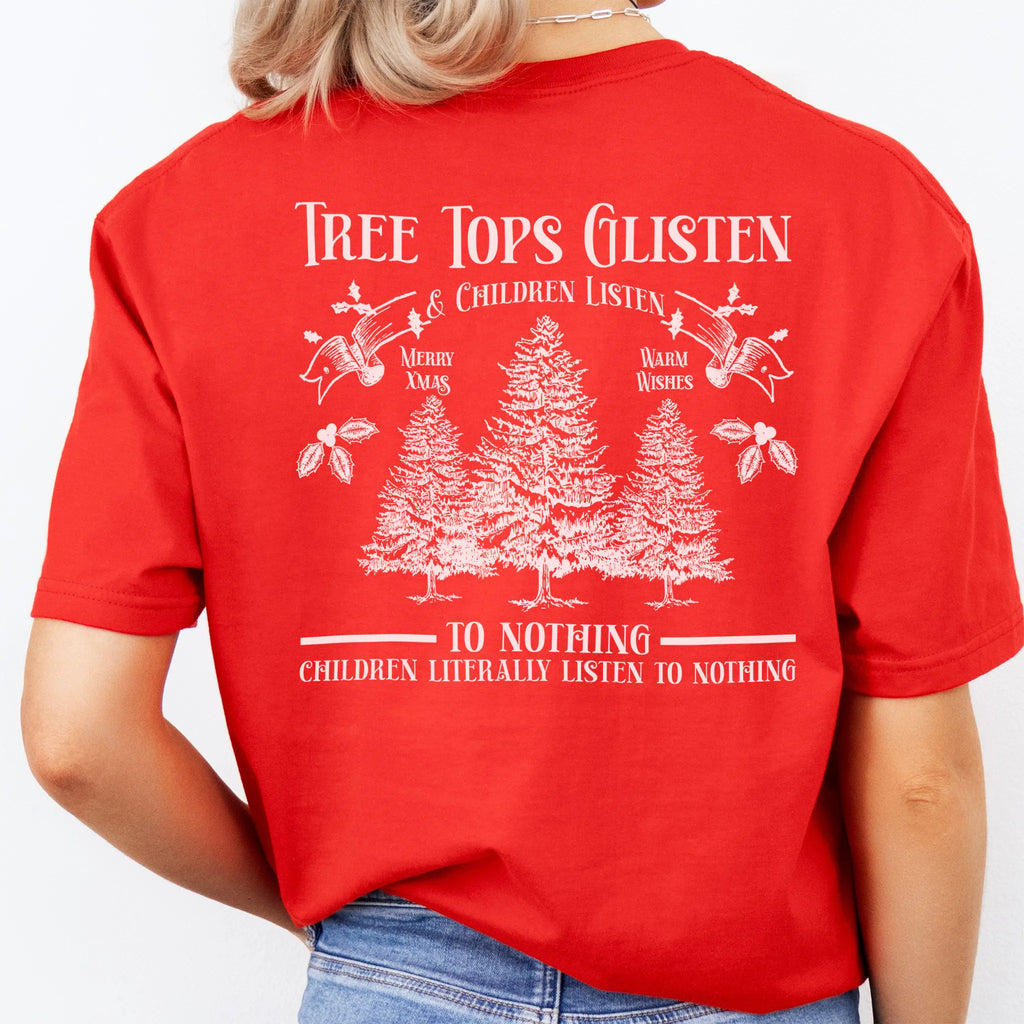 Red Oakley June tee large back print Tree Tops Glisten and Children Listen to Nothing with three evergreen trees, doves, and holly
