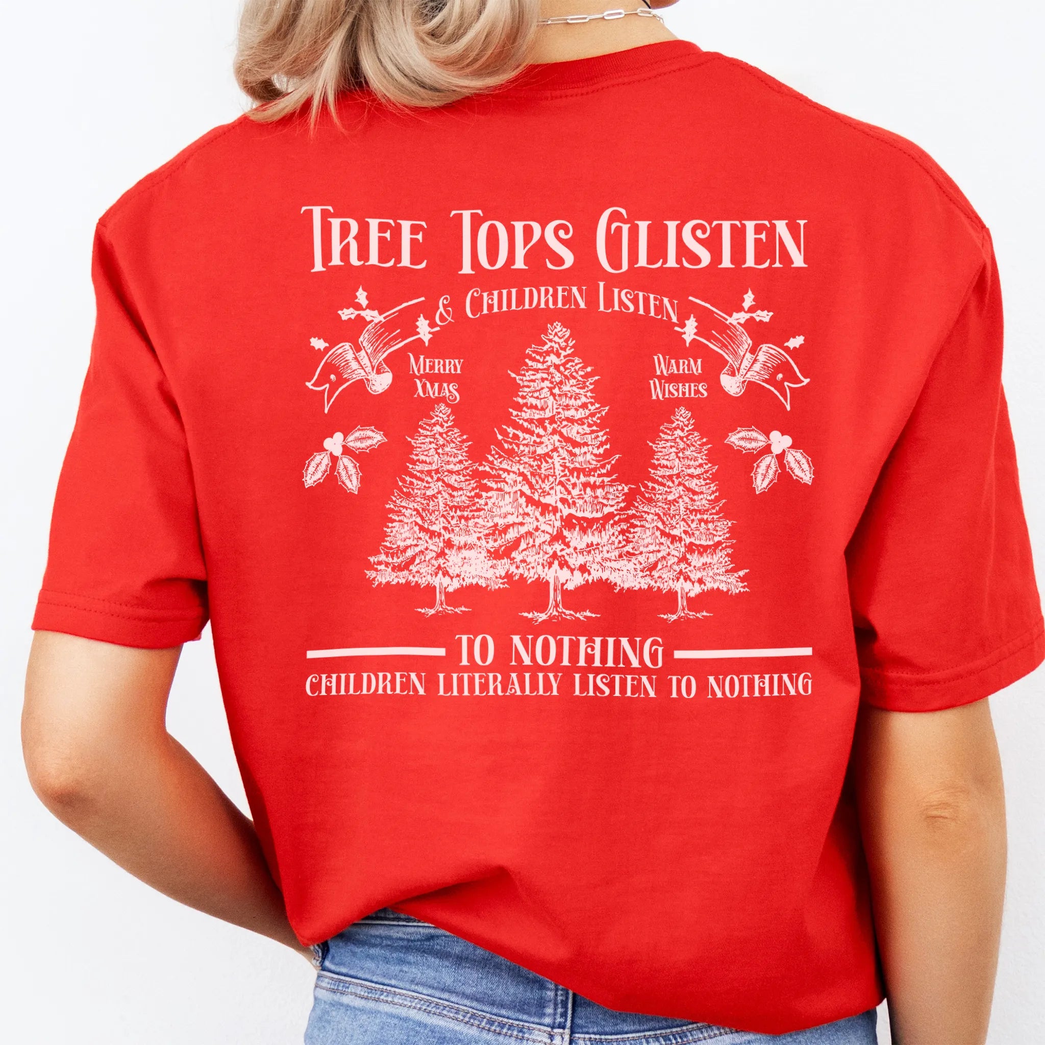 Red Oakley June tee large back print Tree Tops Glisten and Children Listen to Nothing with three evergreen trees, doves, and holly