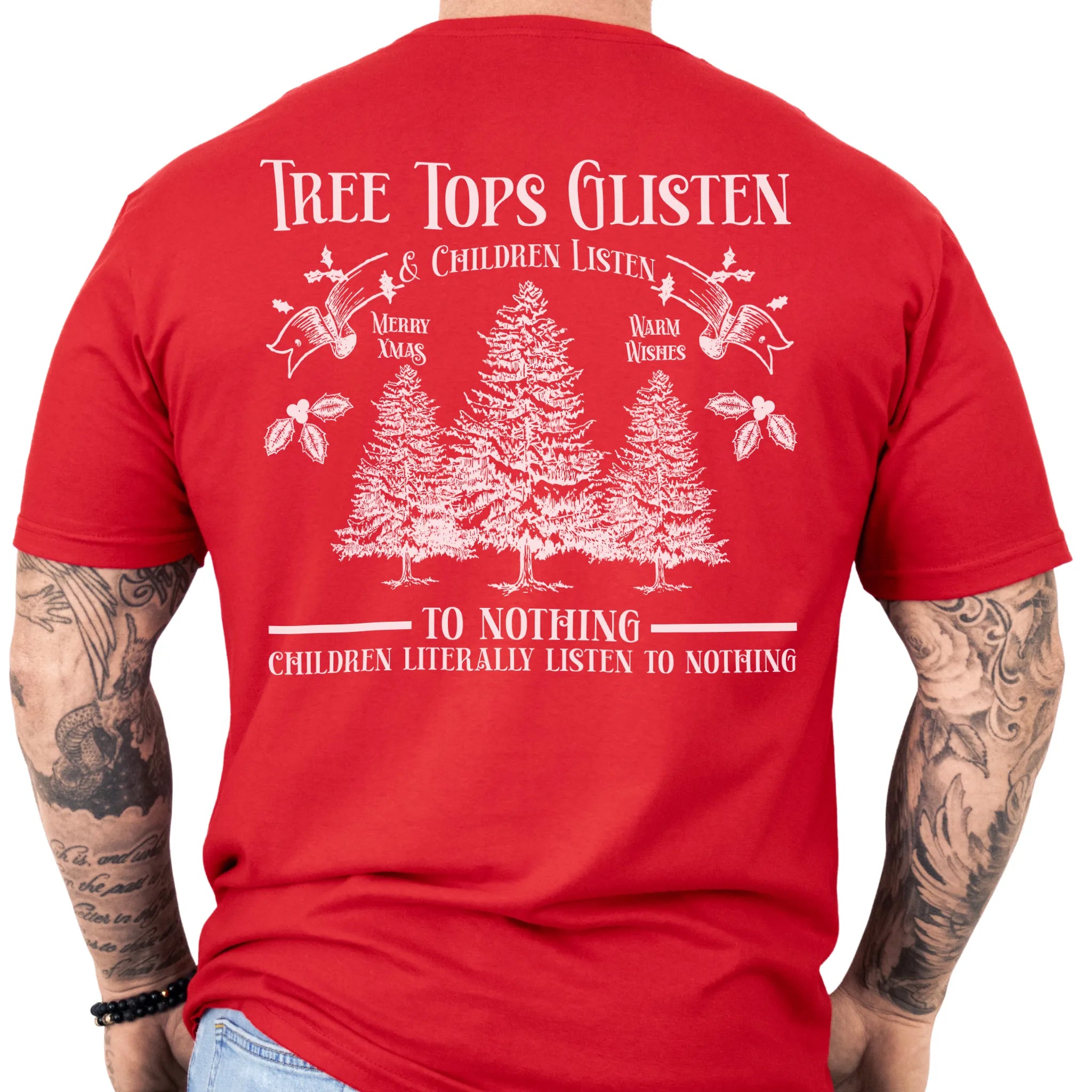 Red Oakley June tee large back print Tree Tops Glisten and Children Listen to Nothing with three evergreen trees, doves, and holly
