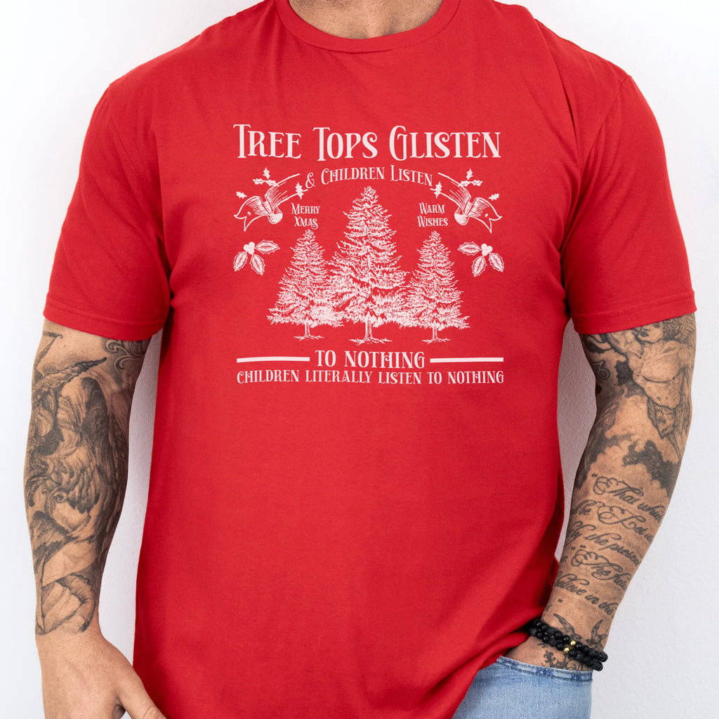 Red men’s tee front print Tree Tops Glisten and Children Listen to Nothing with vintage evergreens