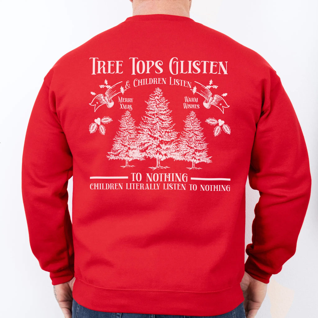 Red men’s sweatshirt large back print Tree Tops Glisten and Children Listen to Nothing with evergreen trees