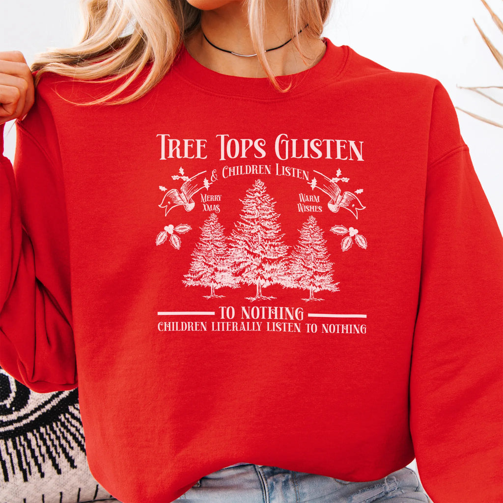 Red women’s sweatshirt front print Tree Tops Glisten and Children Listen to Nothing with vintage evergreens