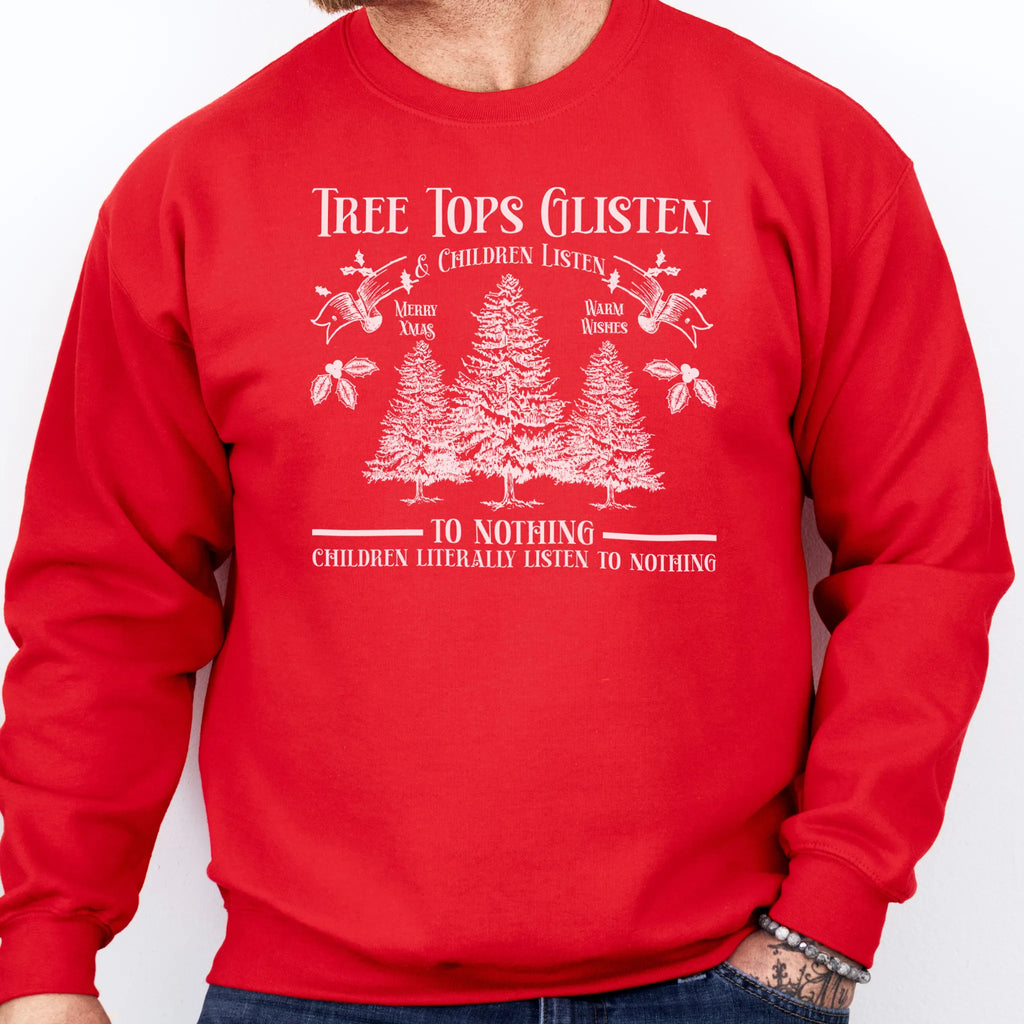 Red men’s sweatshirt front print Tree Tops Glisten and Children Listen to Nothing with vintage evergreens