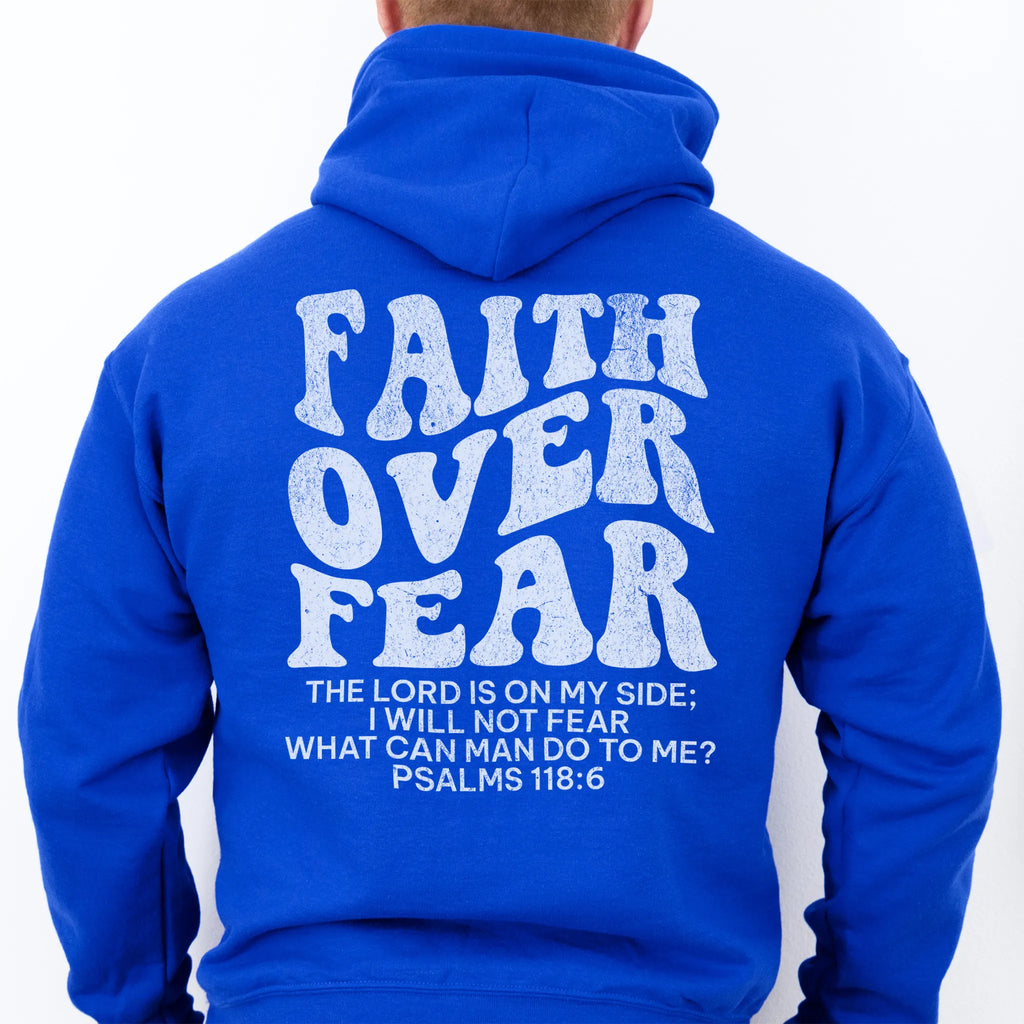 Royal Oakley June hoodie, mens fit, large back lettering reads Faith Over Fear with supporting scripture lines, studio back view