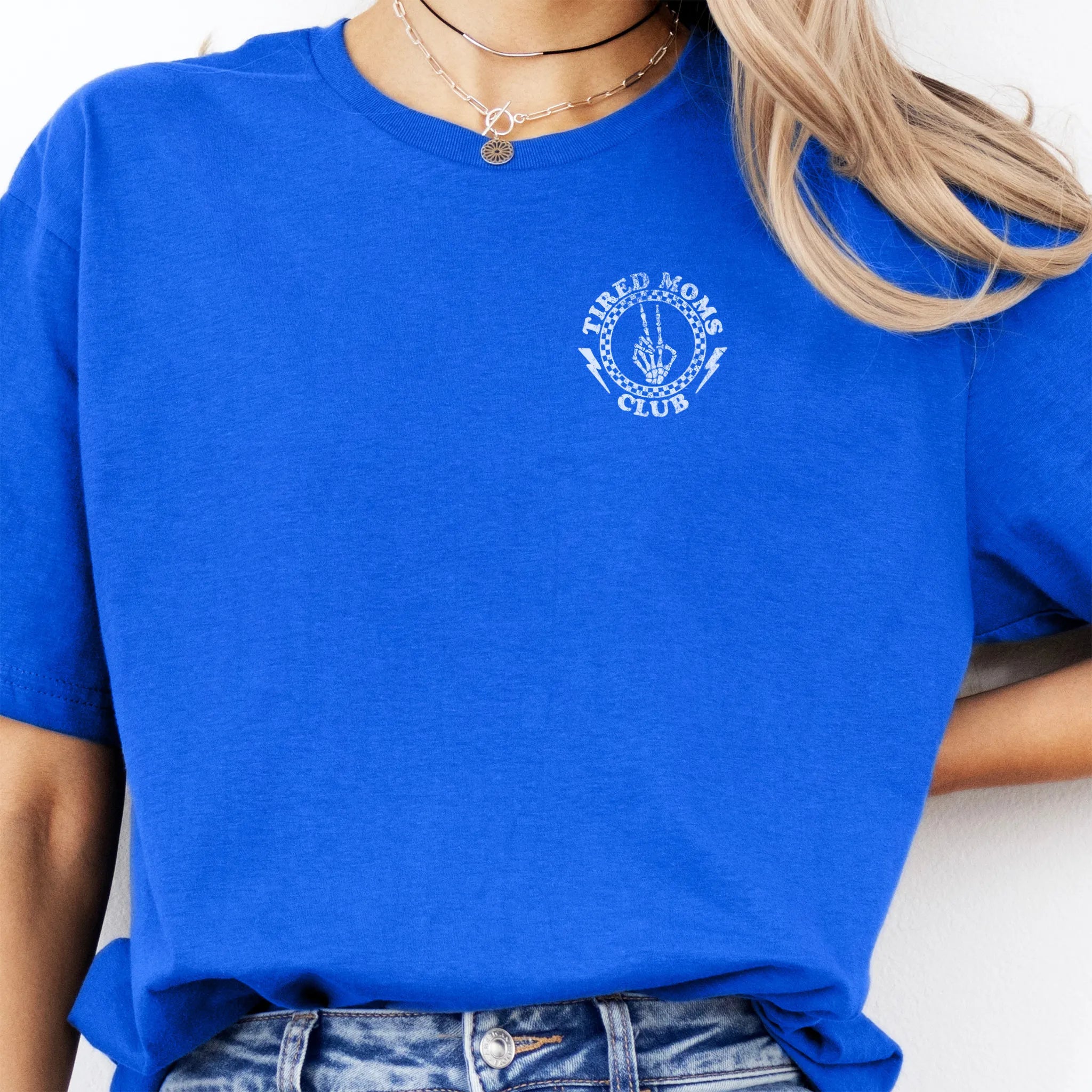 Royal Oakley June T Shirt front view small left chest Tired Moms Club badge crest minimalist distressed print