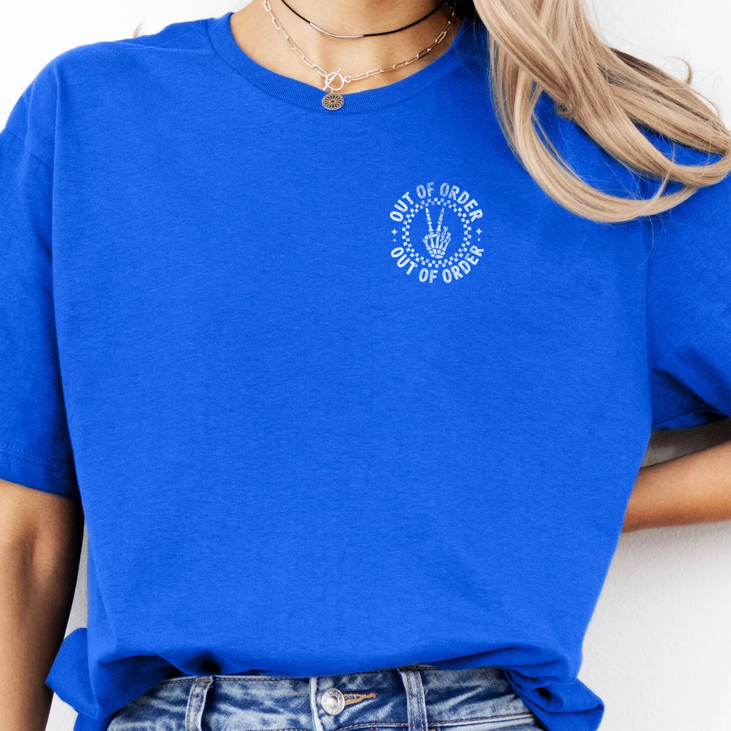 Royal Oakley June T Shirt front view small left chest Out Of Order circular badge crest distressed print