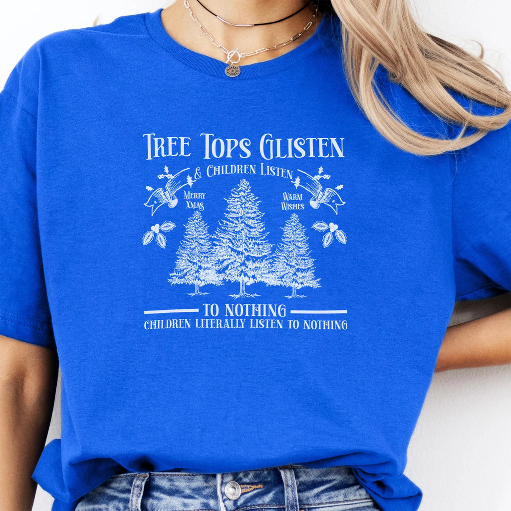 Royal women’s tee front print Tree Tops Glisten and Children Listen to Nothing with vintage evergreens