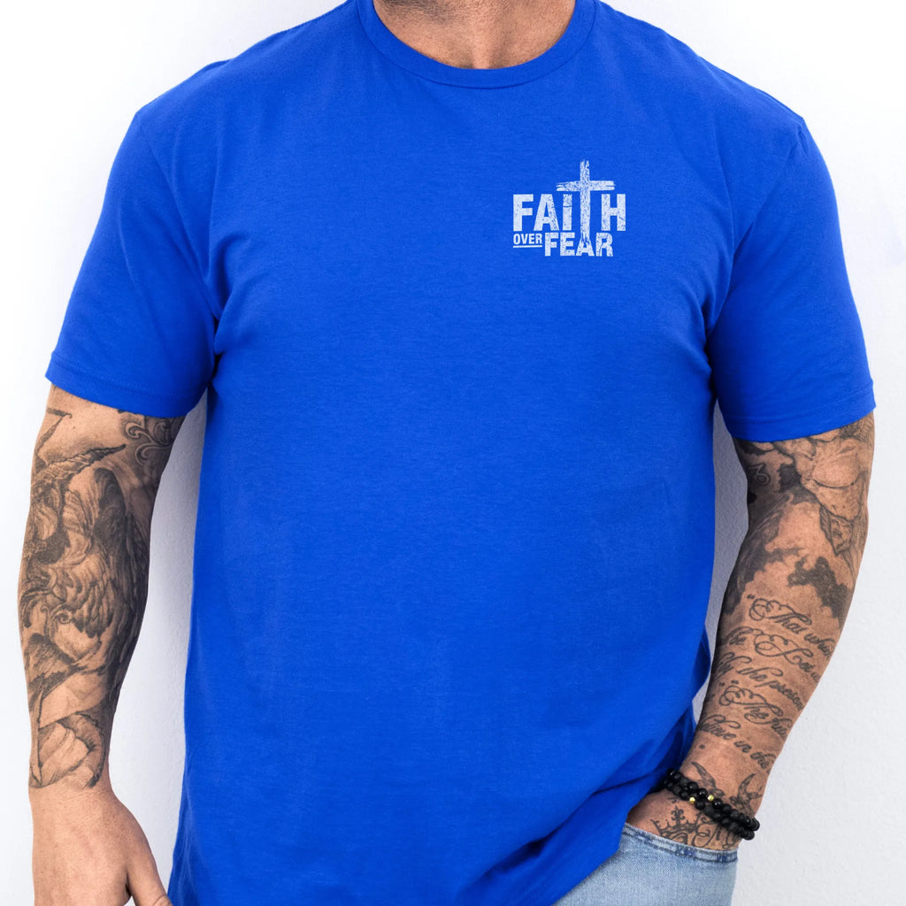 Royal Oakley June t shirt, mens fit, left chest badge reads Faith Over Fear with cross, studio front view