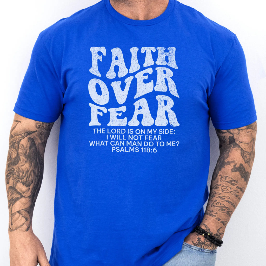 Royal Oakley June t shirt, mens fit, large front lettering reads Faith Over Fear with supporting scripture lines, studio front view