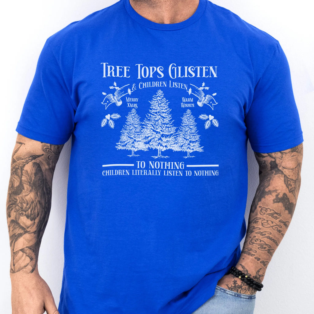 Royal men’s tee front print Tree Tops Glisten and Children Listen to Nothing with vintage evergreens