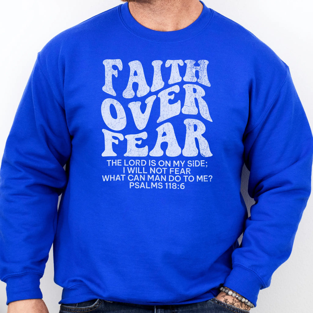 Royal Oakley June sweatshirt, mens fit, left chest badge reads Faith Over Fear with cross, studio front view