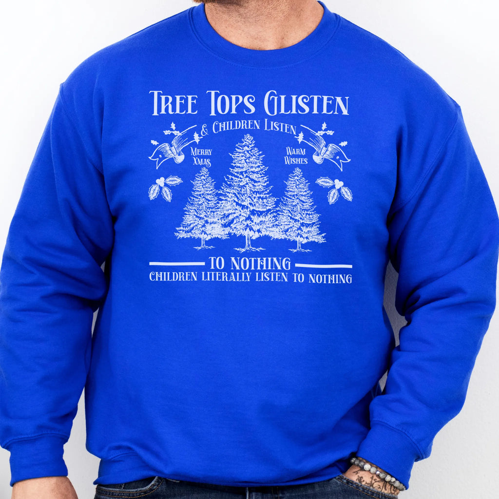 Royal men’s sweatshirt front print Tree Tops Glisten and Children Listen to Nothing with vintage evergreens